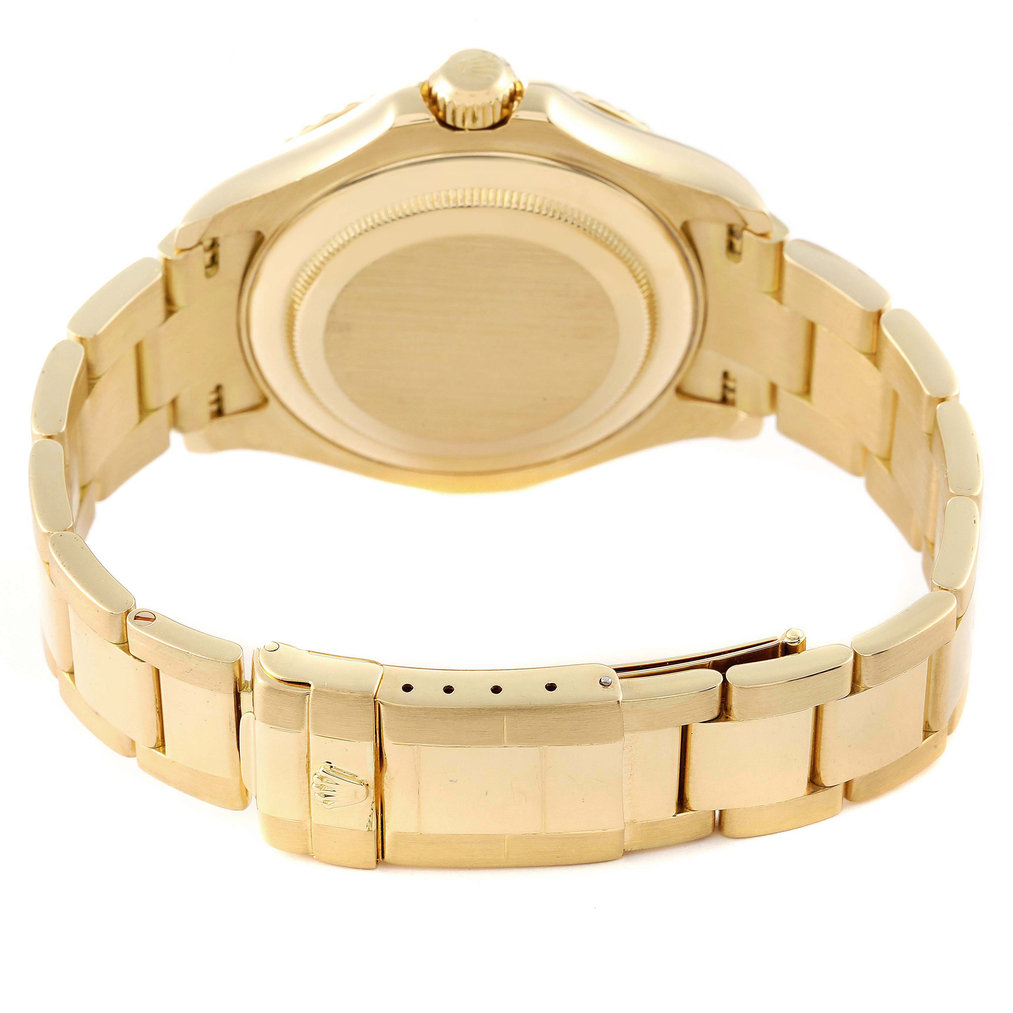 This image shows the back view of the Rolex Yacht-Master 16628 Men's Yellow Gold White Dial 16628 Men's Yellow Gold White Dial watch, emphasizing the bracelet and clasp.
