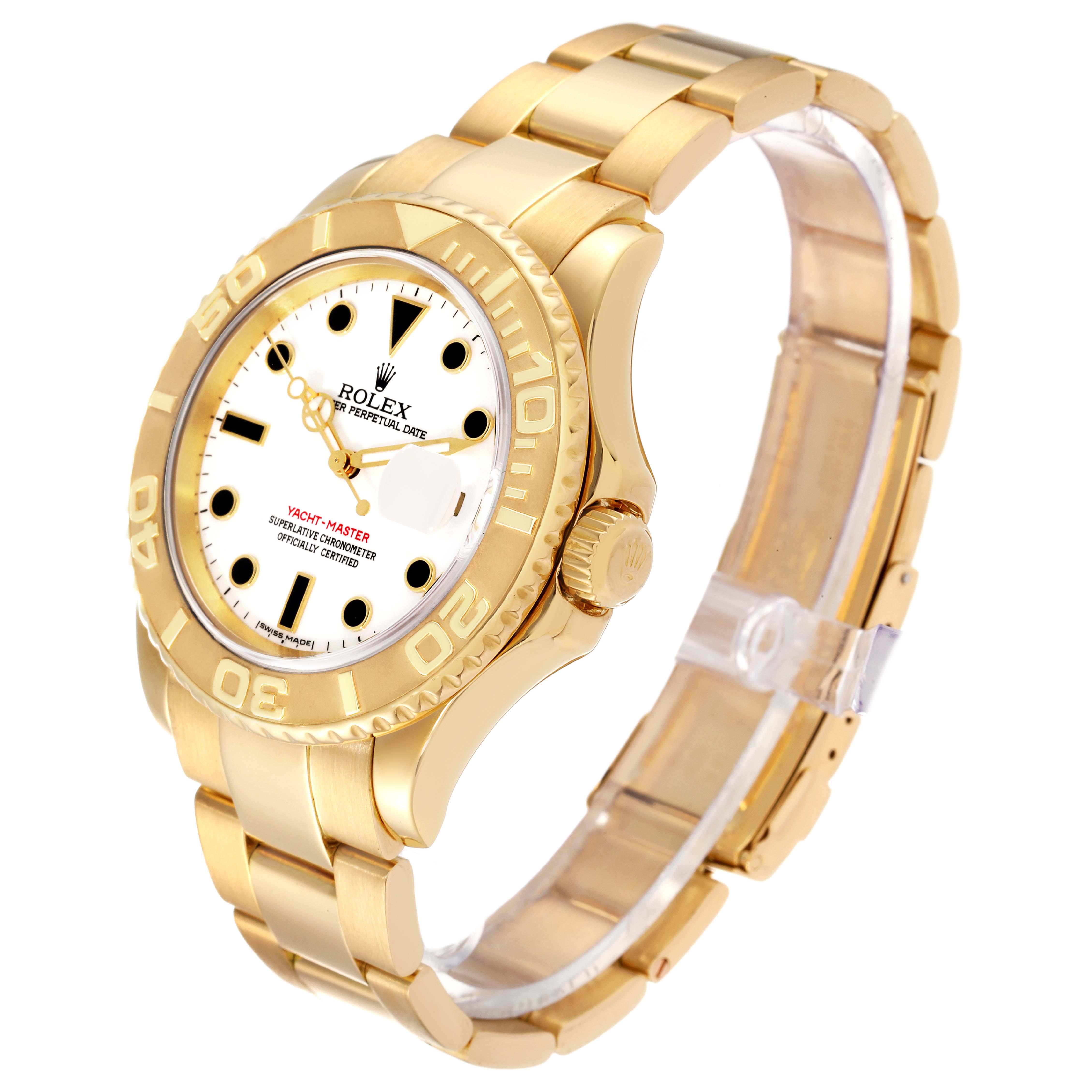 The image shows a Rolex Yacht-Master 16628 Men's Yellow Gold White Dial 16628 Men's Yellow Gold White Dial watch at a slight angle, highlighting its gold case, bezel, and bracelet.