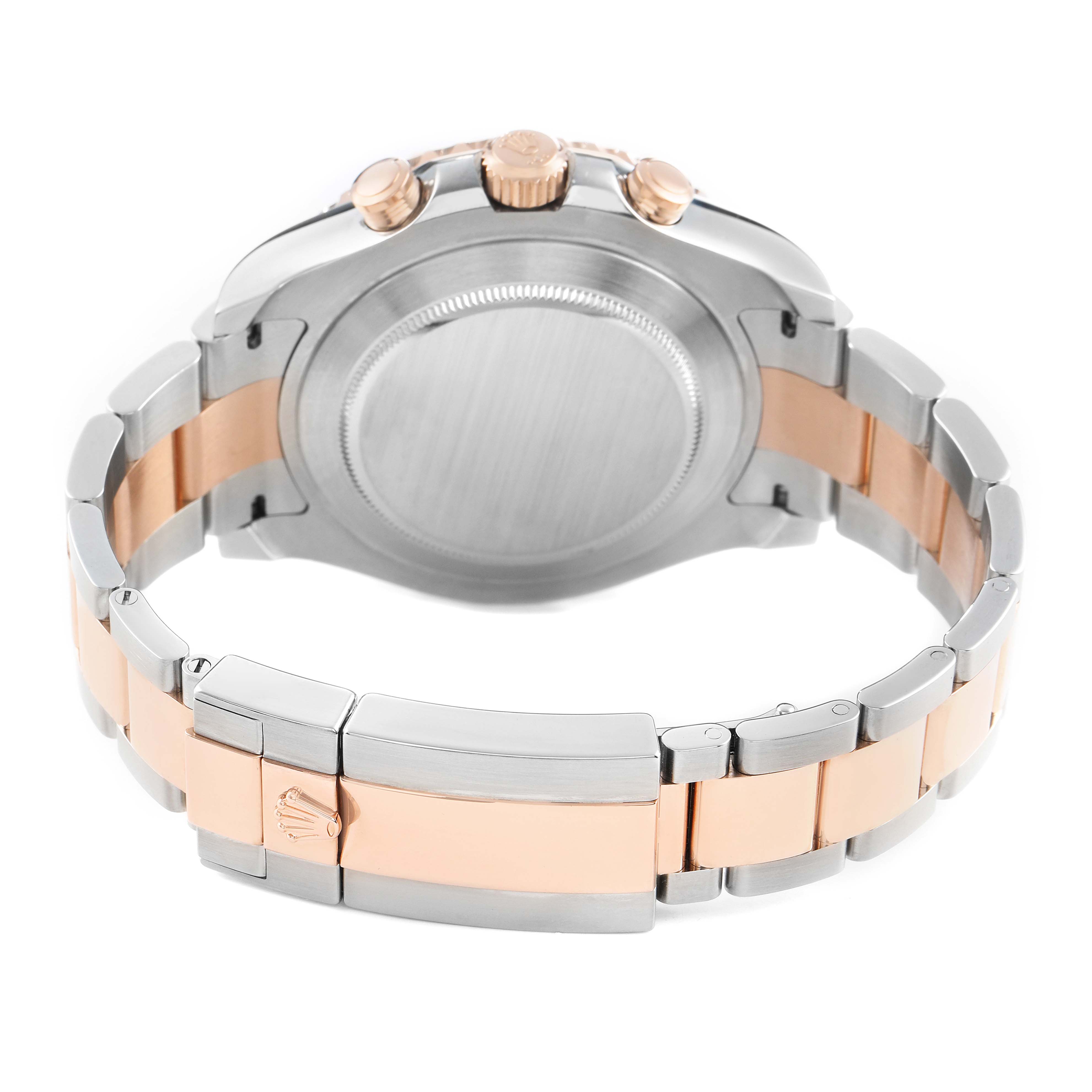 The Rolex Yacht-Master 116681M Men's Steel and Gold (two tone) White Dial watch is shown from the back, highlighting the clasp, bracelet, and crown.