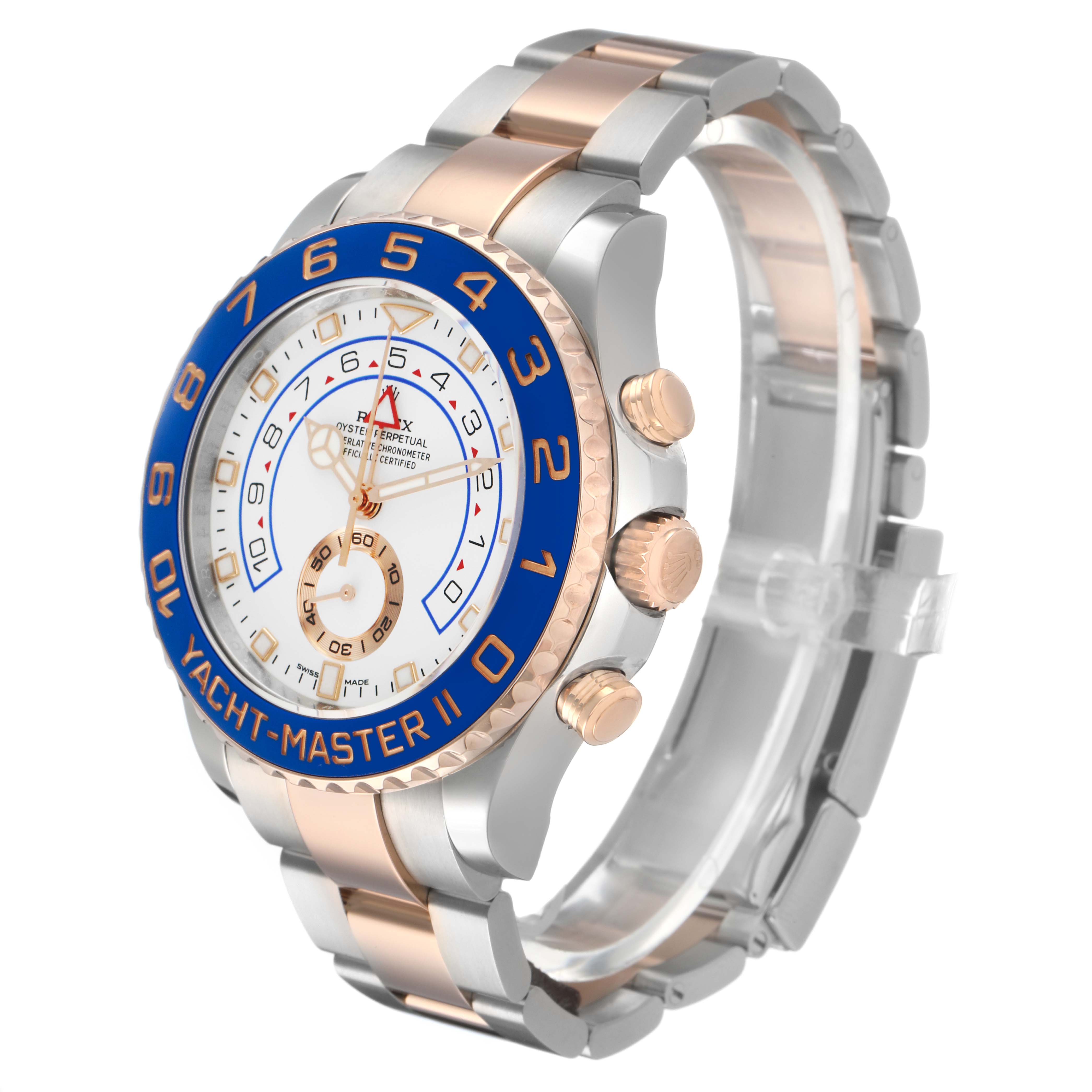 The Rolex Yacht-Master 116681M Men's Steel and Gold (two tone) White Dial watch is shown at a three-quarter angle, displaying the bezel, crown, and bracelet.