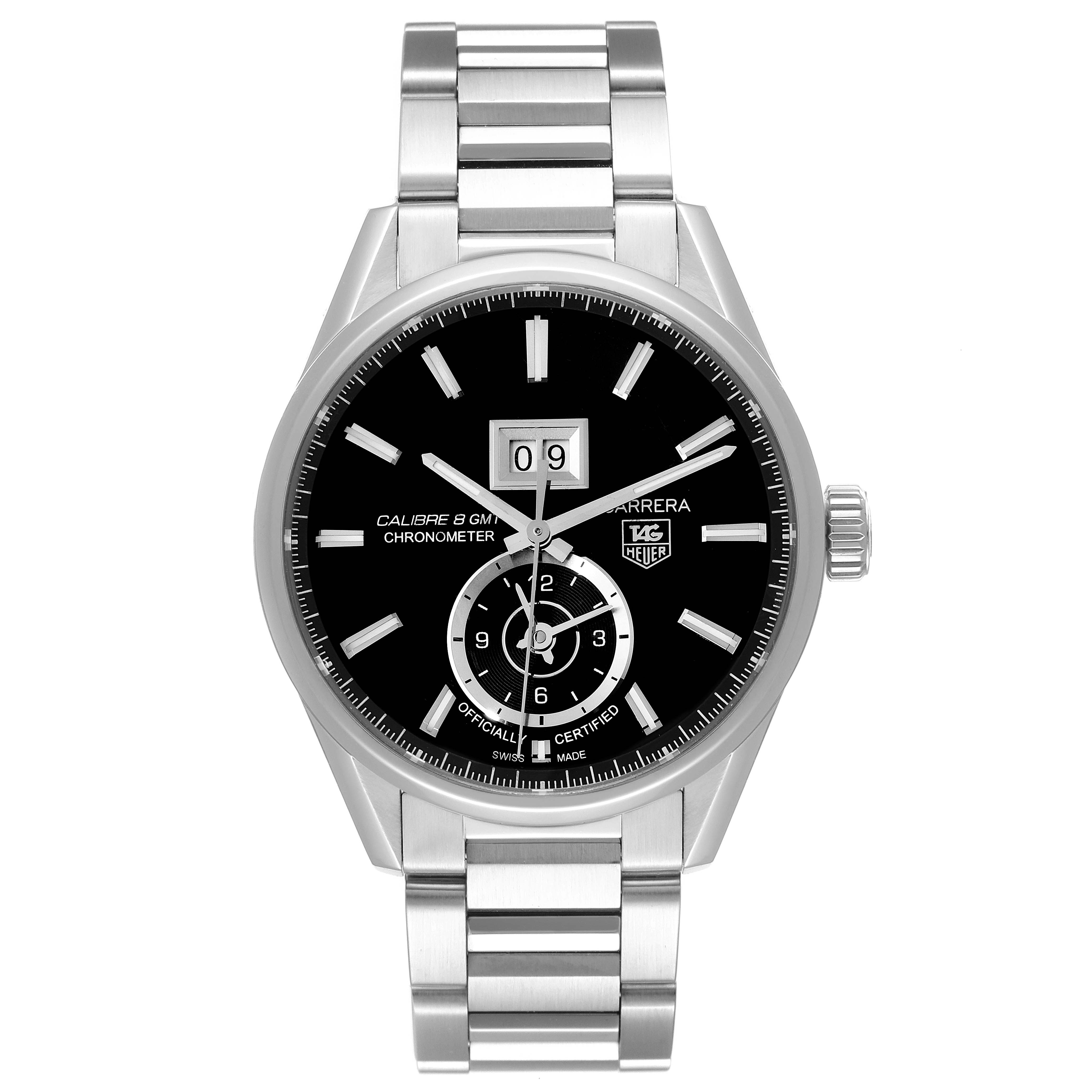 This image shows a front-facing view of a Tag Heuer Carrera WAR5010.BA0723 Men
s Stainless Steel Black Dial WAR5010.BA0723 Men
s Stainless Steel Black Dial model watch, highlighting the dial, hands, and bracelet.