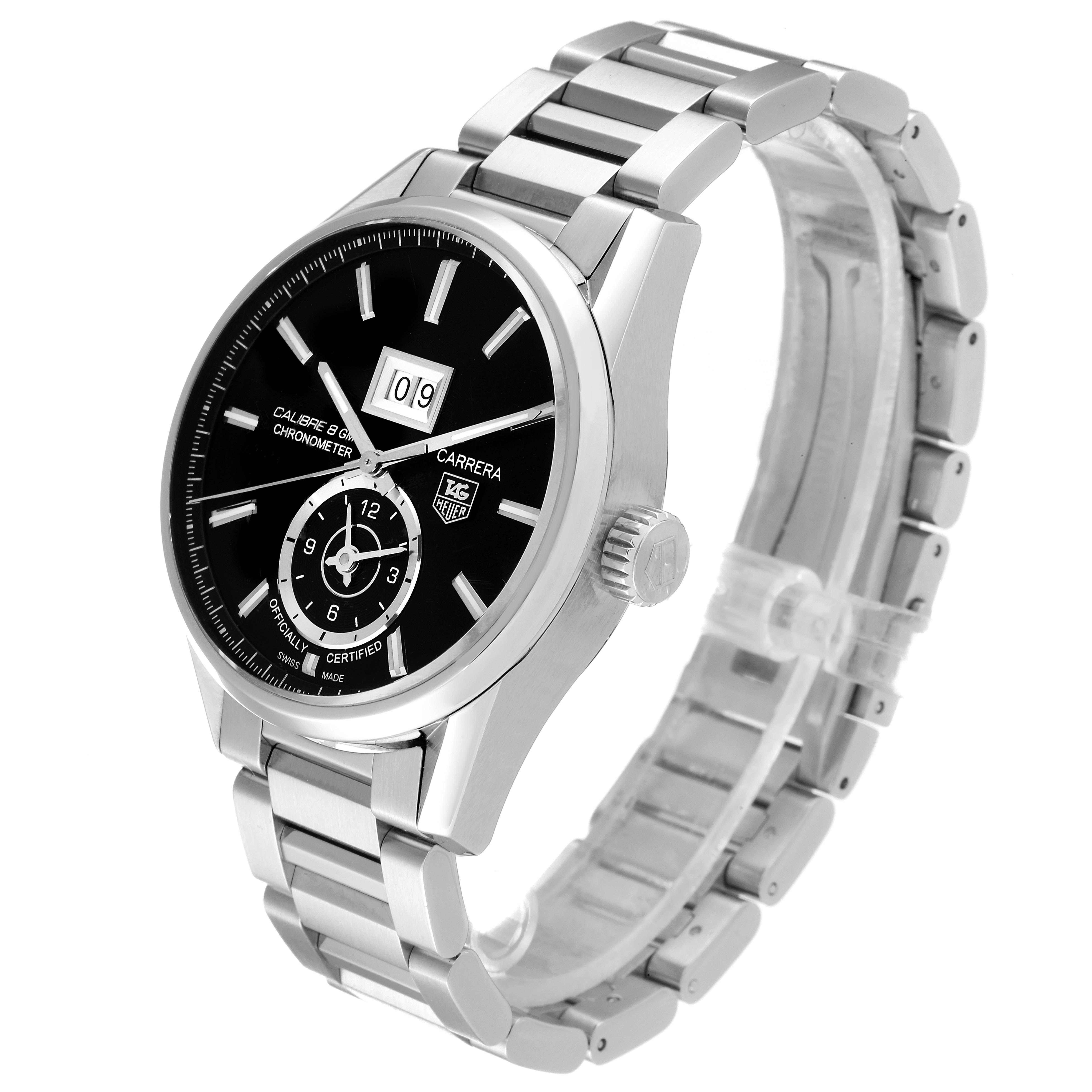 The image shows a Tag Heuer Carrera WAR5010.BA0723 Men
s Stainless Steel Black Dial WAR5010.BA0723 Men
s Stainless Steel Black Dial watch at a three-quarter angle, displaying its face, bezel, crown, and metal bracelet.