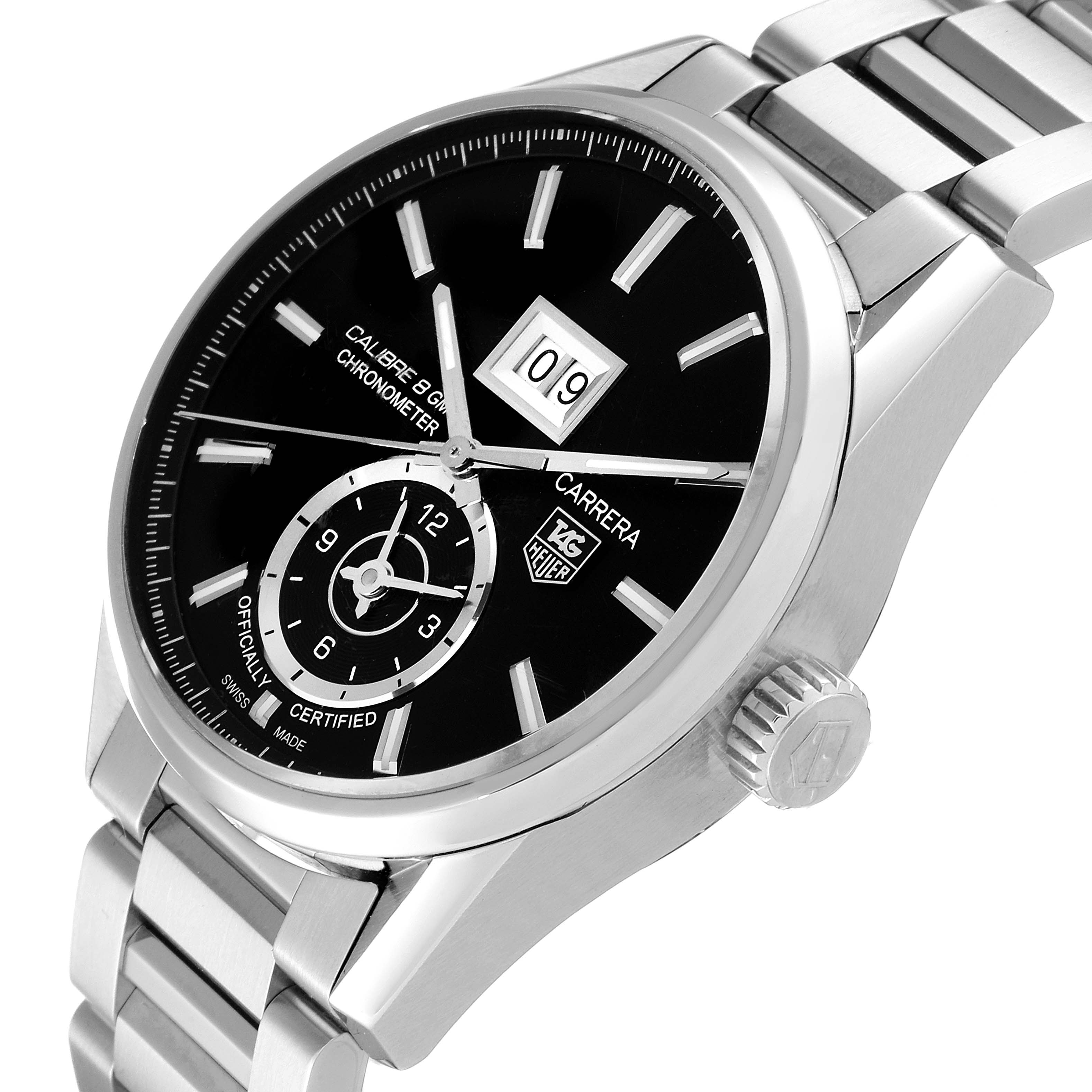 The image shows a Tag Heuer Carrera WAR5010.BA0723 Men
s Stainless Steel Black Dial WAR5010.BA0723 Men
s Stainless Steel Black Dial watch at an angled view, highlighting its face, crown, and bracelet.