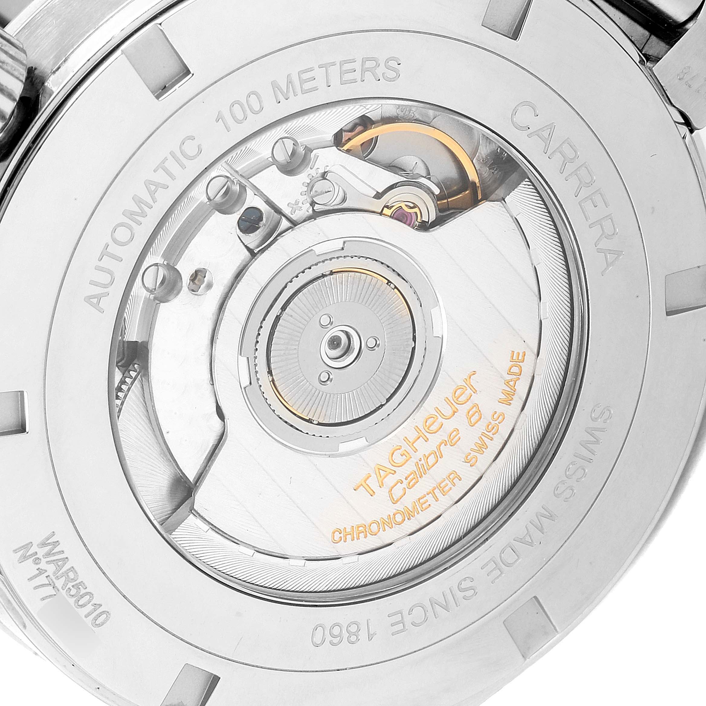 The image shows the back view of the Tag Heuer Carrera WAR5010.BA0723 Men
s Stainless Steel Black Dial WAR5010.BA0723 Men
s Stainless Steel Black Dial watch, highlighting its automatic movement and internal mechanism.