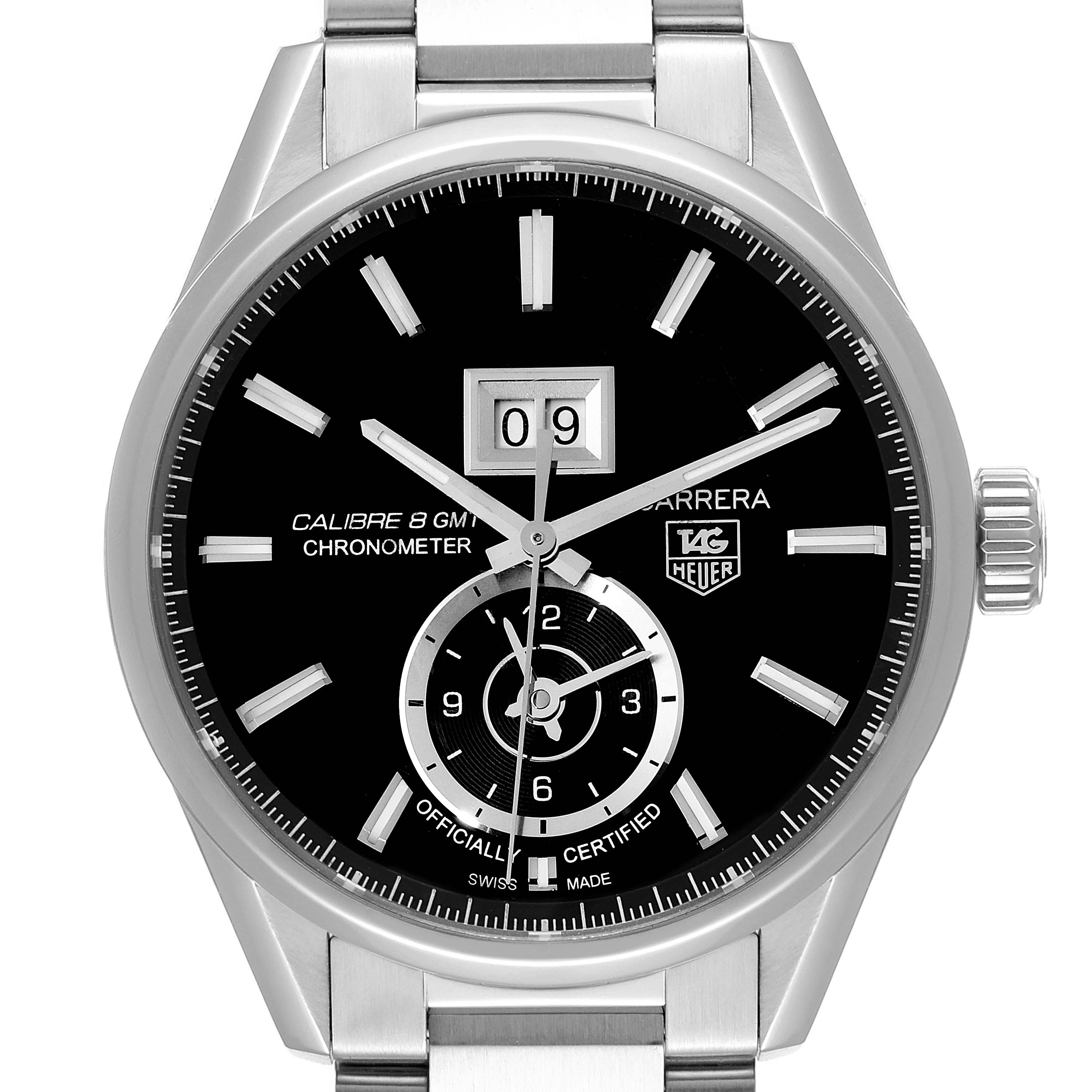 This image shows a front view of the Tag Heuer Carrera WAR5010.BA0723 Men
s Stainless Steel Black Dial WAR5010.BA0723 Men
s Stainless Steel Black Dial watch, focusing on the dial, bezel, crown, bracelet, and complications.