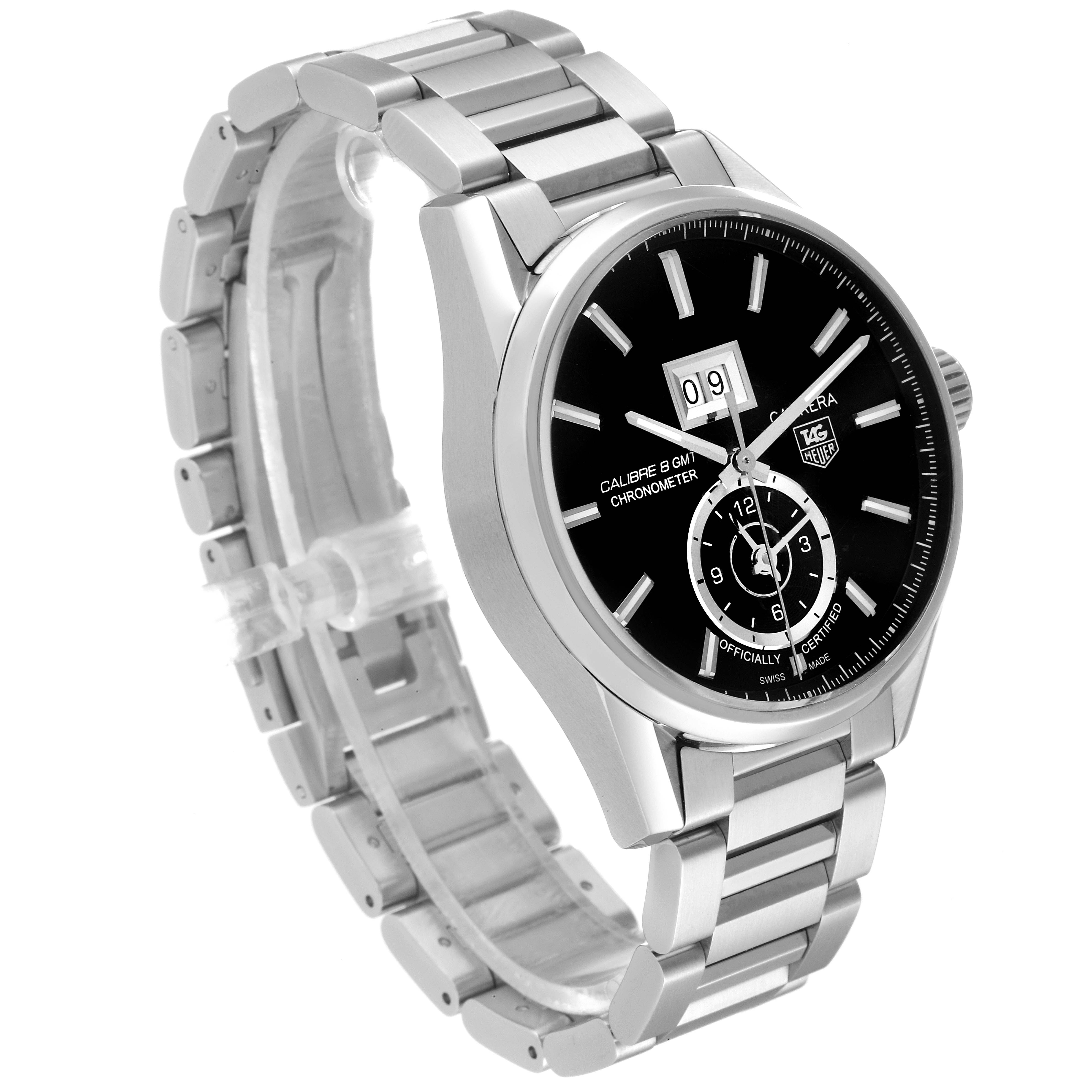 The Tag Heuer Carrera WAR5010.BA0723 Men
s Stainless Steel Black Dial WAR5010.BA0723 Men
s Stainless Steel Black Dial watch is shown from a three-quarter angle, highlighting the face, bezel, and stainless steel bracelet.