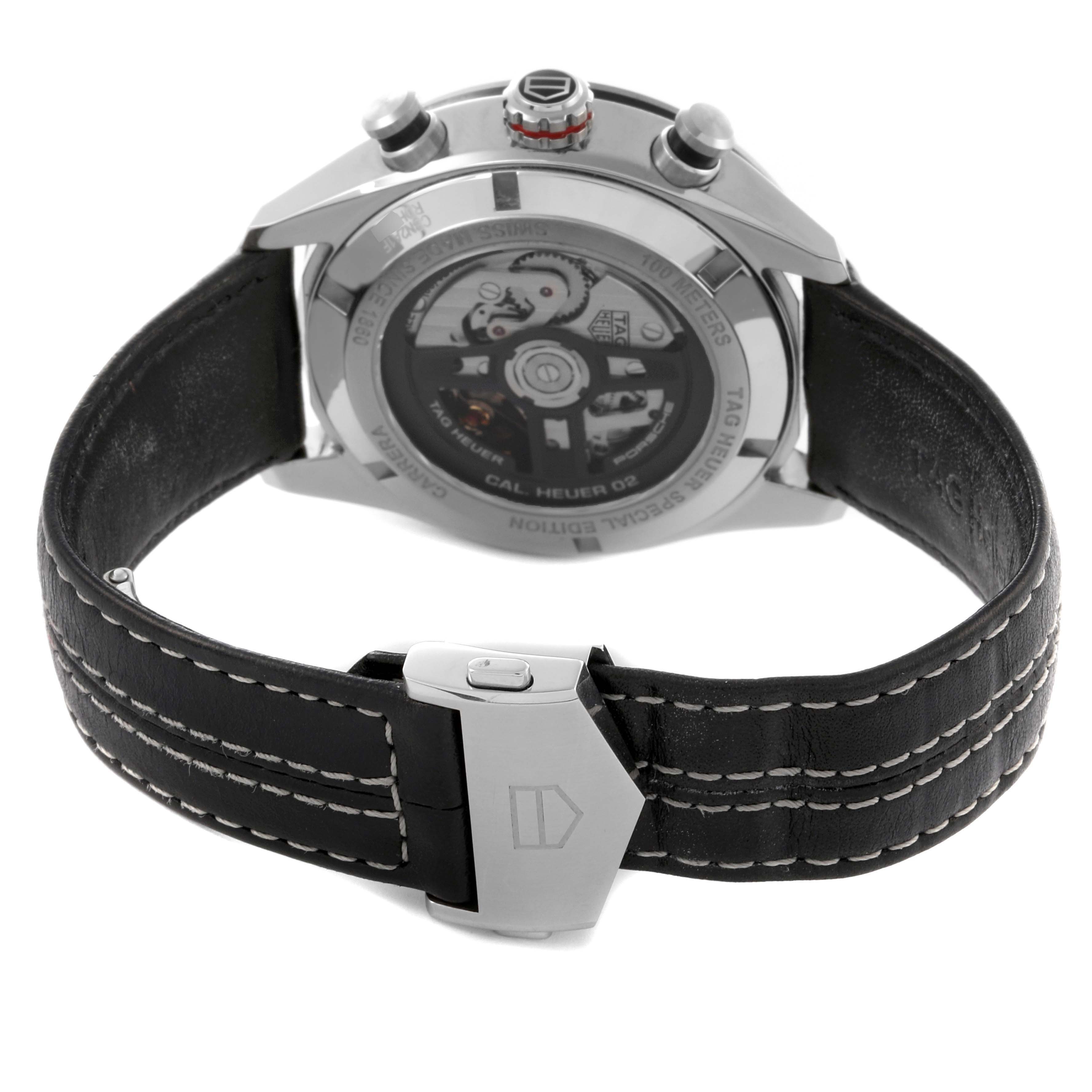 The image shows a Tag Heuer Carrera CBN2A1F.FC6492 Men's Stainless Steel Grey Dial CBN2A1F.FC6492 Men's Stainless Steel Grey Dial watch from the back, displaying the clasp, case back, and leather strap.