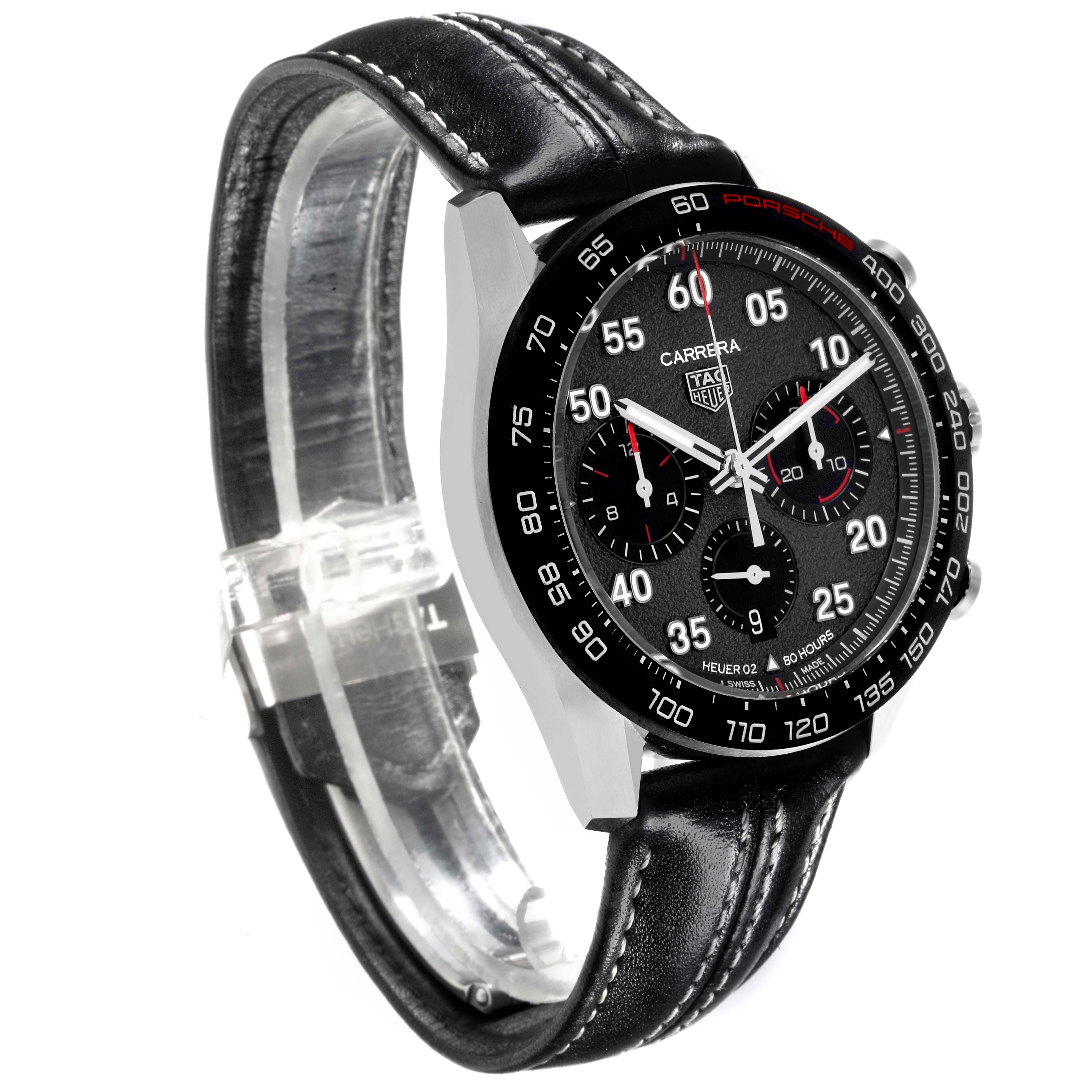 The image shows a Tag Heuer Carrera CBN2A1F.FC6492 Men's Stainless Steel Grey Dial CBN2A1F.FC6492 Men's Stainless Steel Grey Dial watch at a side angle, highlighting the black dial, bezel, and leather strap.