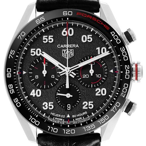 The Tag Heuer Carrera watch is shown from a front angle, highlighting the dial, bezel, subdials, and crown details.