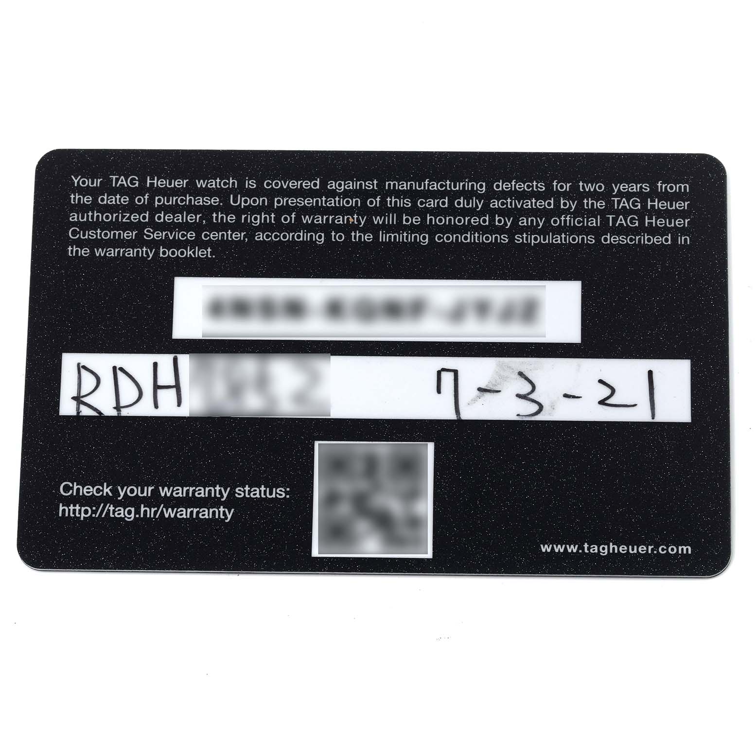 The image shows a Tag Heuer Carrera CBN2A1F.FC6492 Men's Stainless Steel Grey Dial CBN2A1F.FC6492 Men's Stainless Steel Grey Dial warranty card, displaying warranty details and verification information.