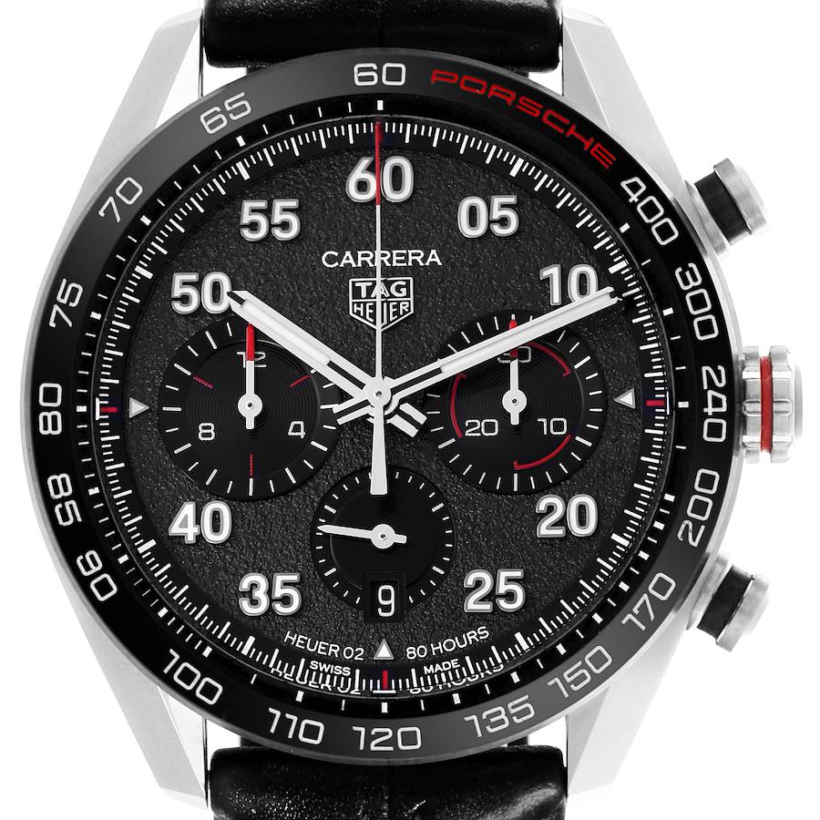 The Tag Heuer Carrera watch is shown from the front, highlighting its dial, bezel, and chronograph sub-dials.