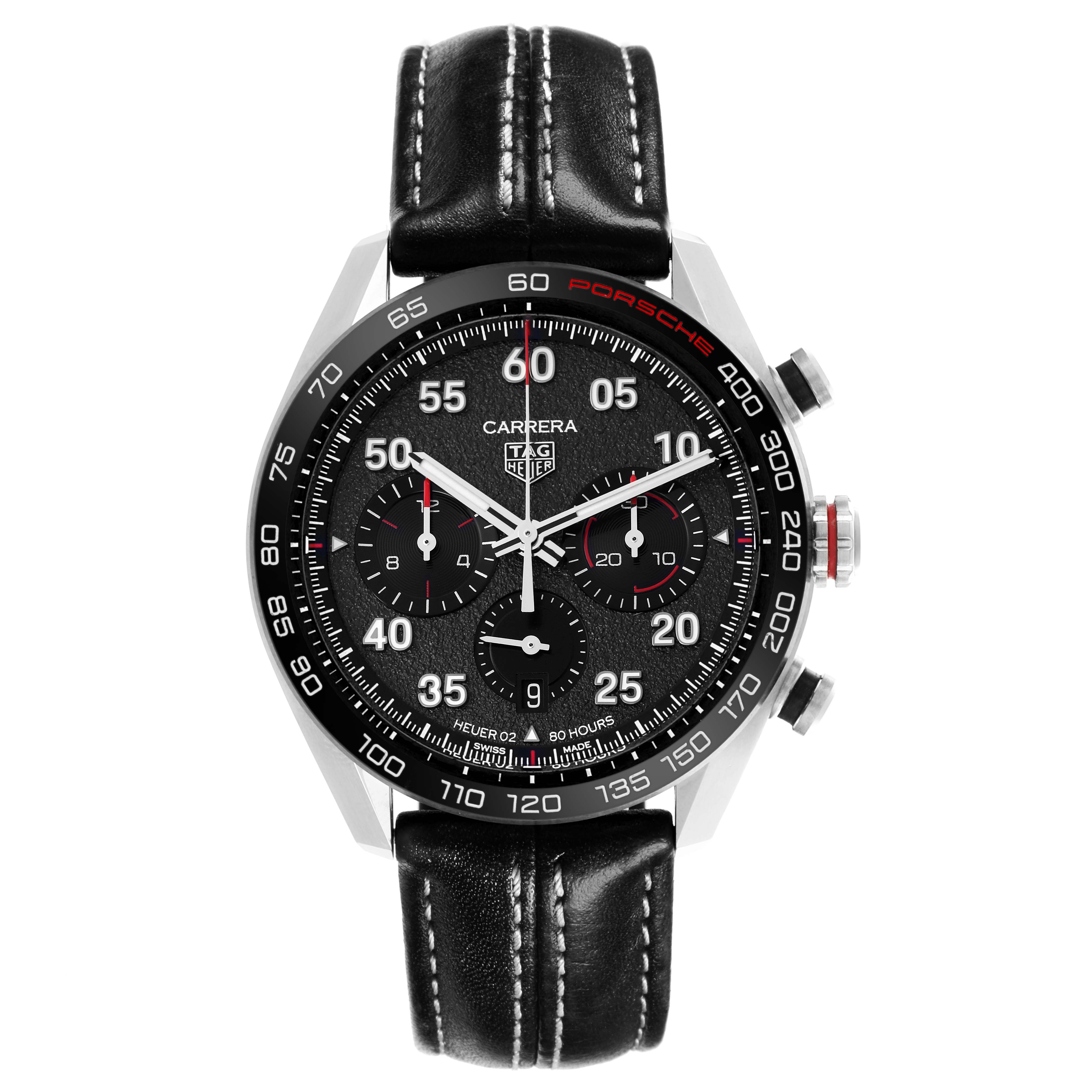 The Tag Heuer Carrera CBN2A1F.FC6492 Men's Stainless Steel Grey Dial CBN2A1F.FC6492 Men's Stainless Steel Grey Dial watch is shown from a front angle, displaying its face, bezel, and leather strap.