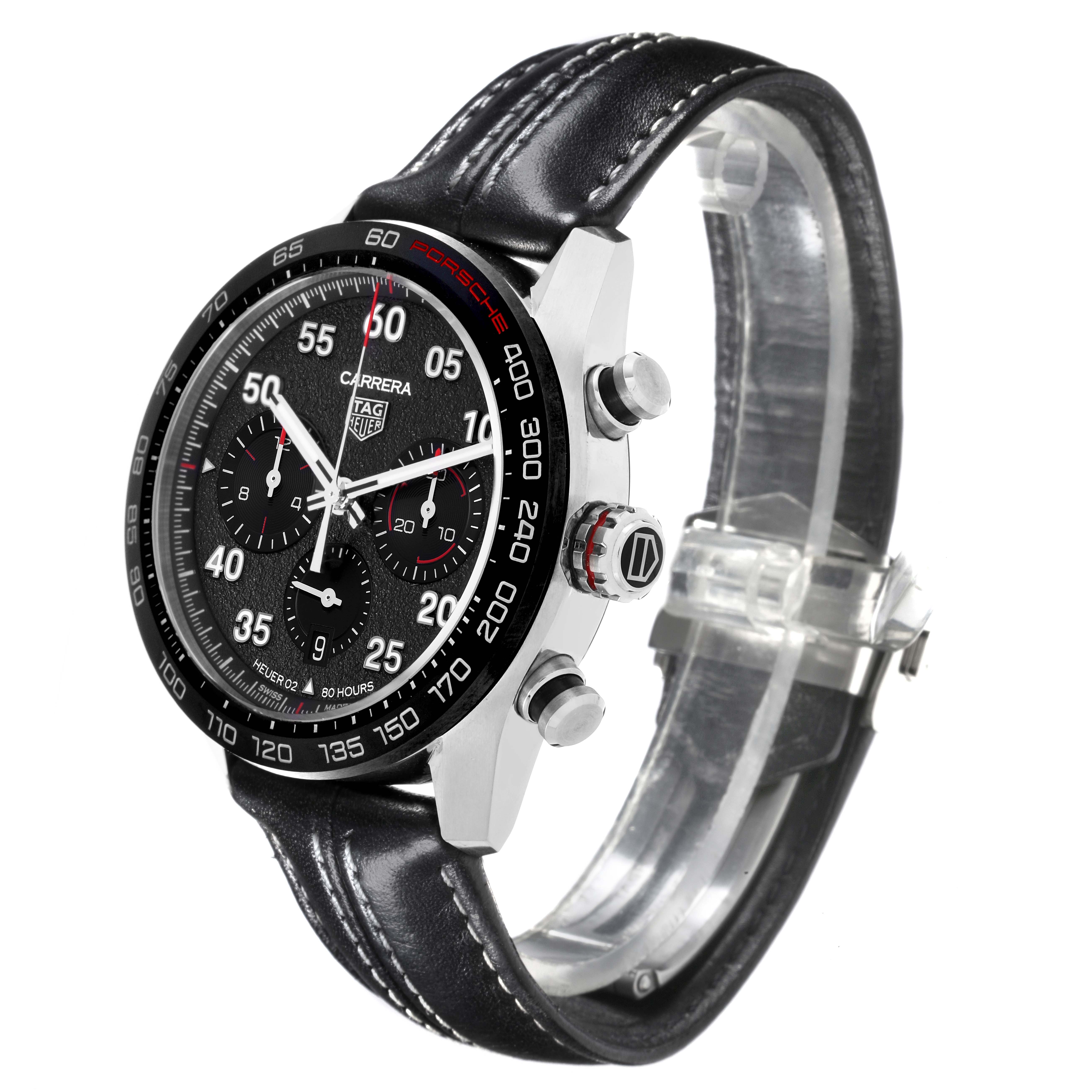 The Tag Heuer Carrera CBN2A1F.FC6492 Men's Stainless Steel Grey Dial CBN2A1F.FC6492 Men's Stainless Steel Grey Dial watch is shown at a side angle, displaying its face, bezel, crown, chronograph pushers, and leather strap.