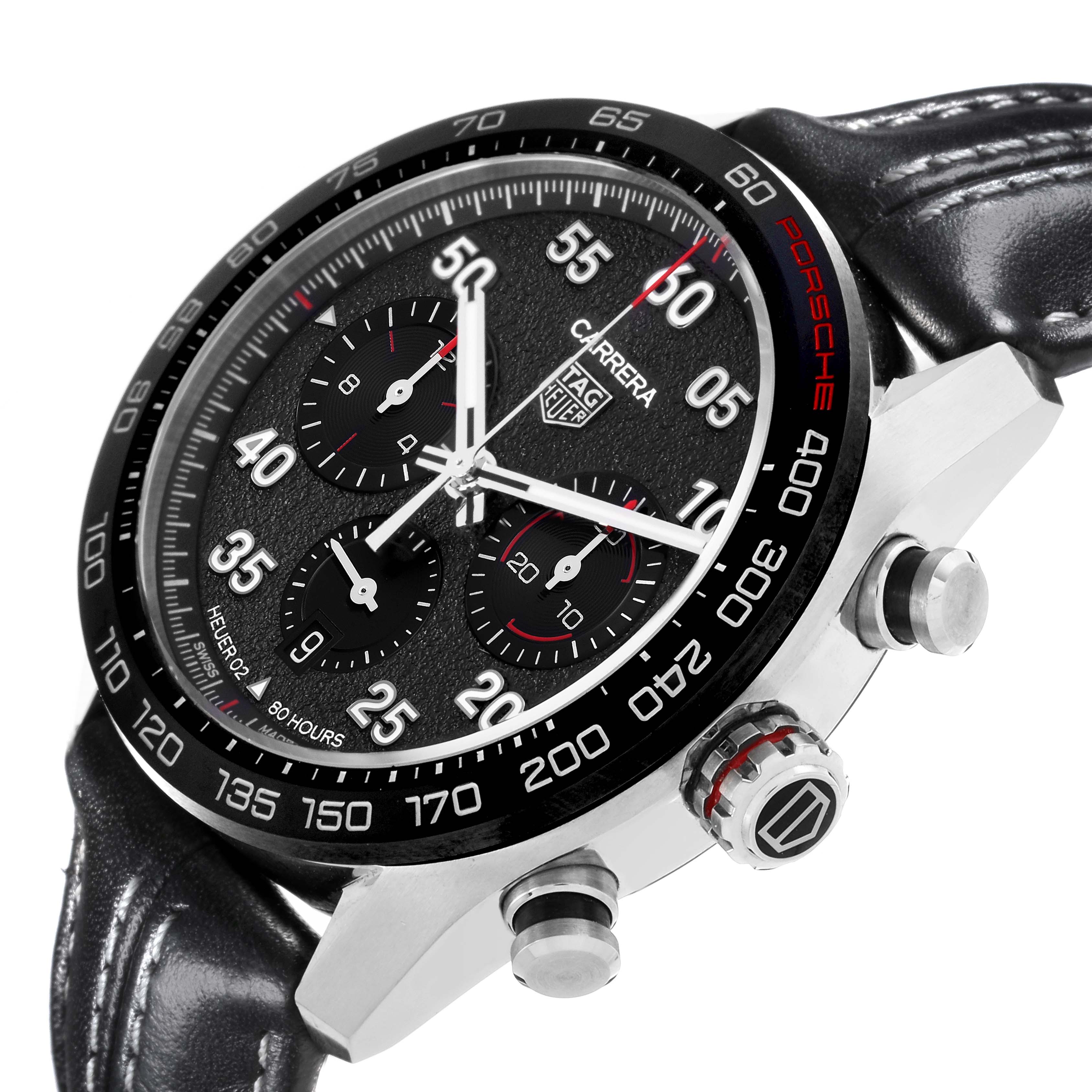 The Tag Heuer Carrera CBN2A1F.FC6492 Men's Stainless Steel Grey Dial CBN2A1F.FC6492 Men's Stainless Steel Grey Dial watch is shown at an angle highlighting the face, bezel, chronograph dials, and side buttons.