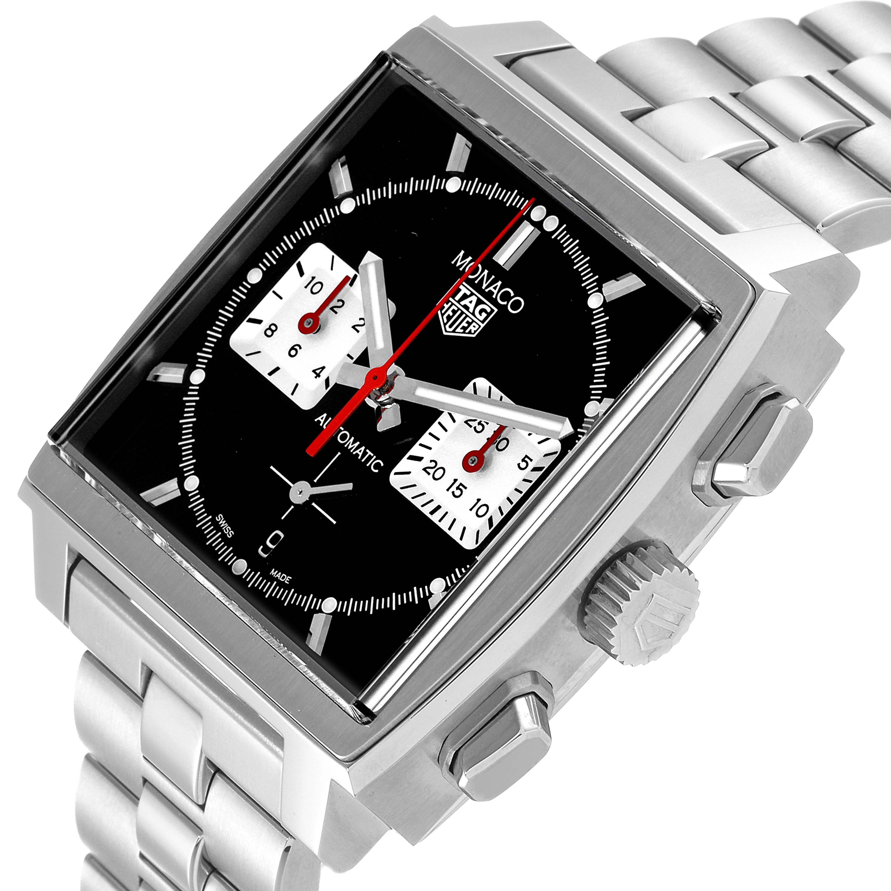 The image displays the Tag Heuer Monaco CBL2113 Men's Stainless Steel Black Dial CBL2113 Men's Stainless Steel Black Dial watch at a three-quarter angle, showing its black dial, subdials, crown, and metallic bracelet.