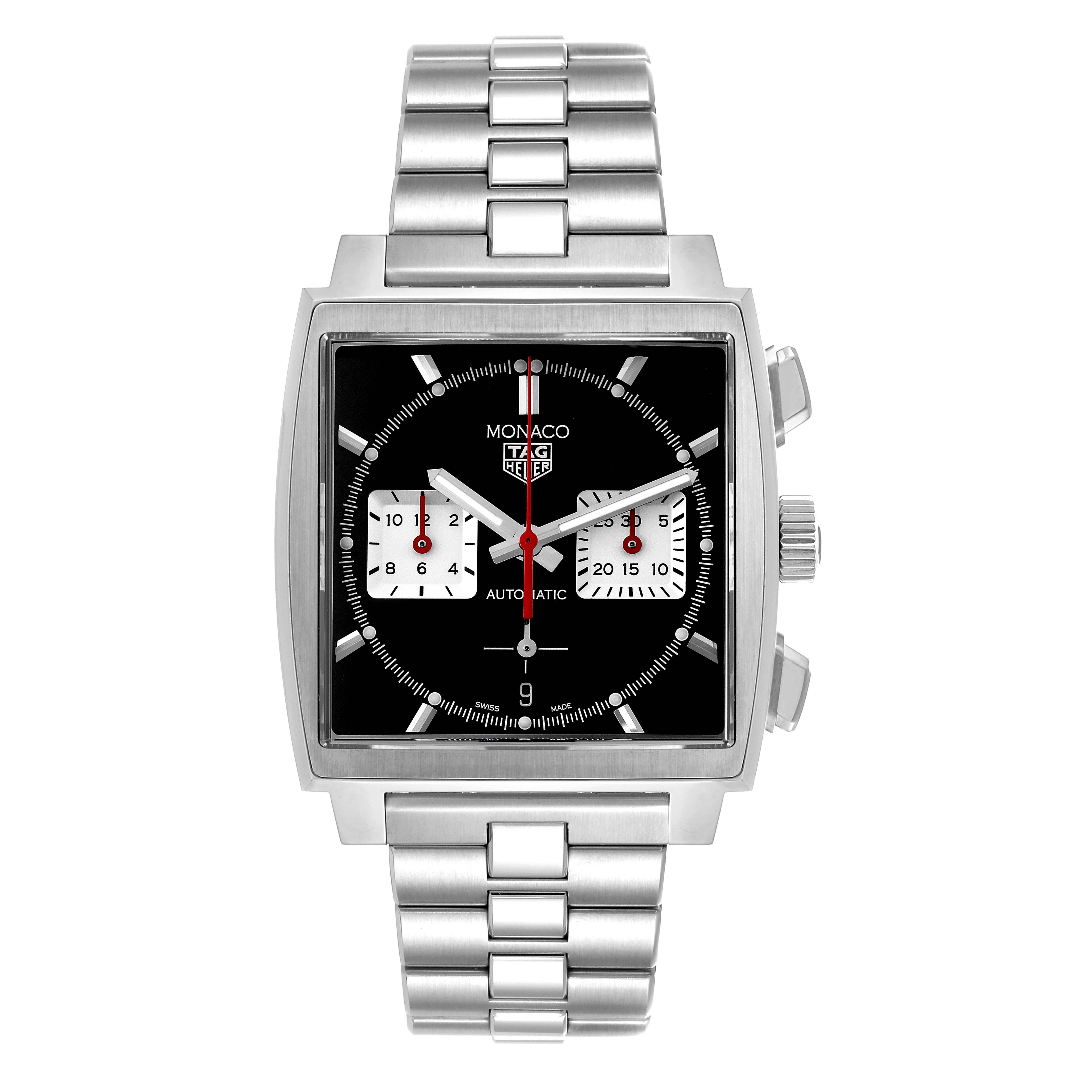 The image shows a front view of the Tag Heuer Monaco CBL2113 Men's Stainless Steel Black Dial CBL2113 Men's Stainless Steel Black Dial watch, highlighting its square face, chronograph dials, and metal bracelet.