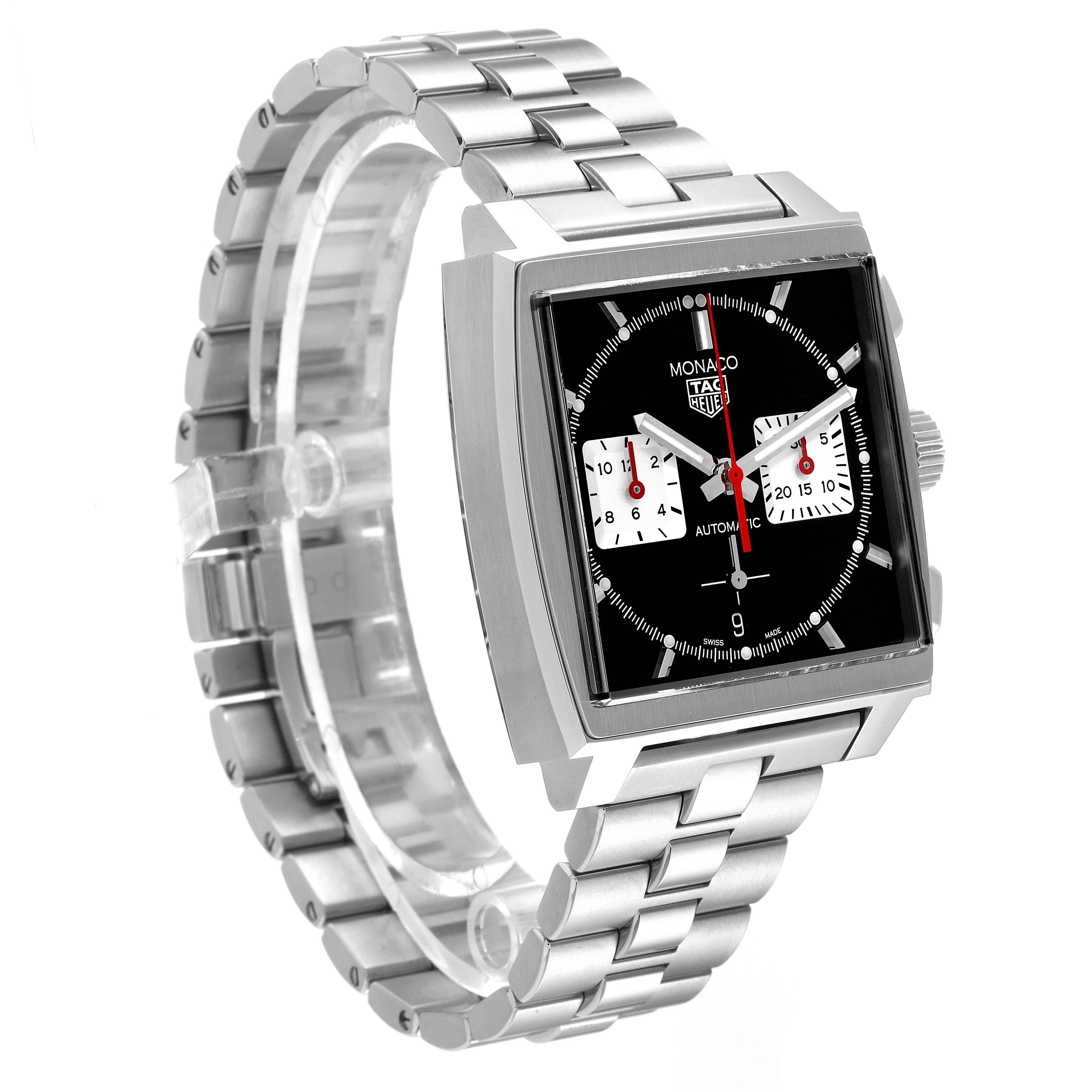 The image shows a Tag Heuer Monaco CBL2113 Men's Stainless Steel Black Dial CBL2113 Men's Stainless Steel Black Dial watch from an angled side perspective, displaying the face, case, and part of the bracelet.
