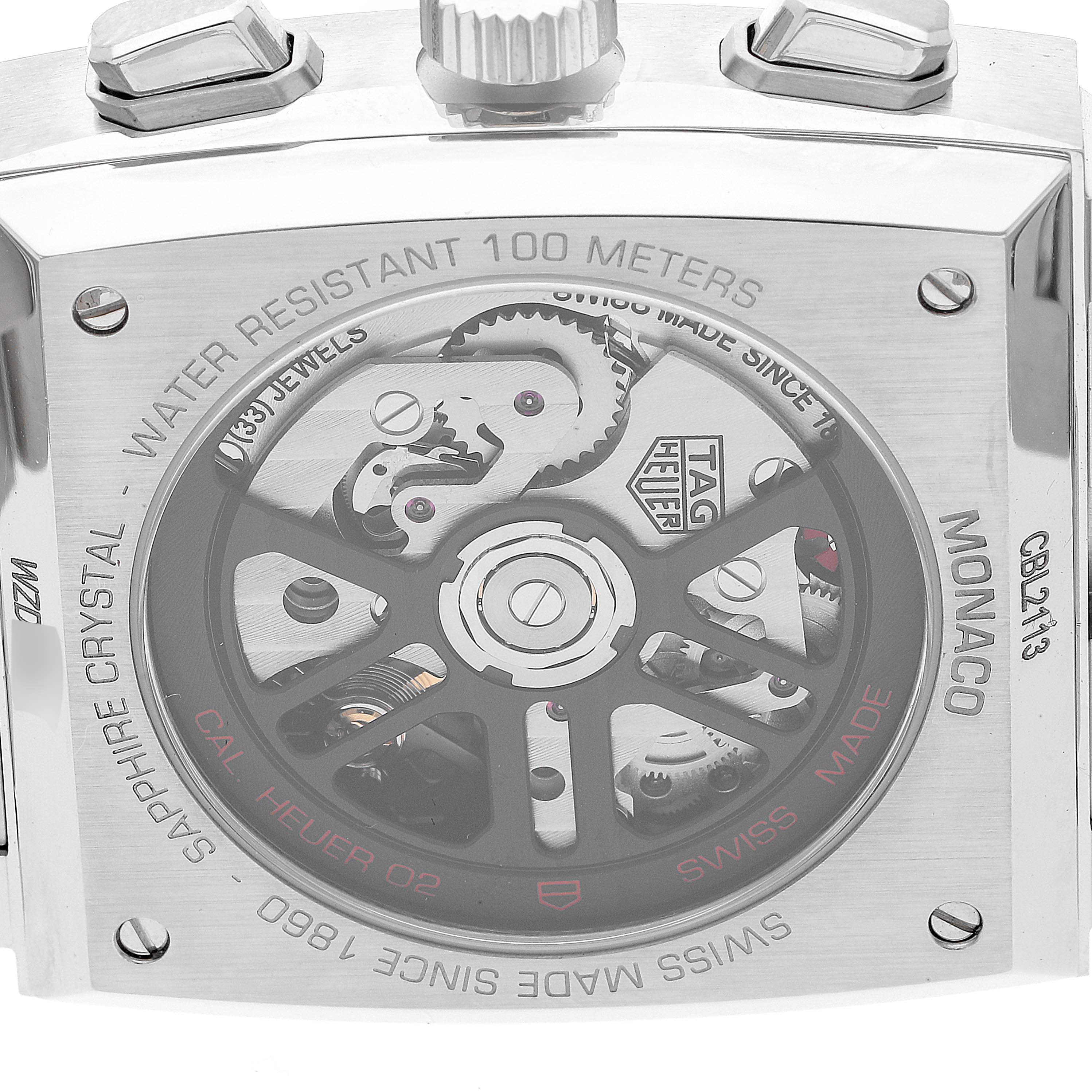 The image shows the back view of a Tag Heuer Monaco CBL2113 Men's Stainless Steel Black Dial CBL2113 Men's Stainless Steel Black Dial watch, revealing its inner mechanism and specifications.