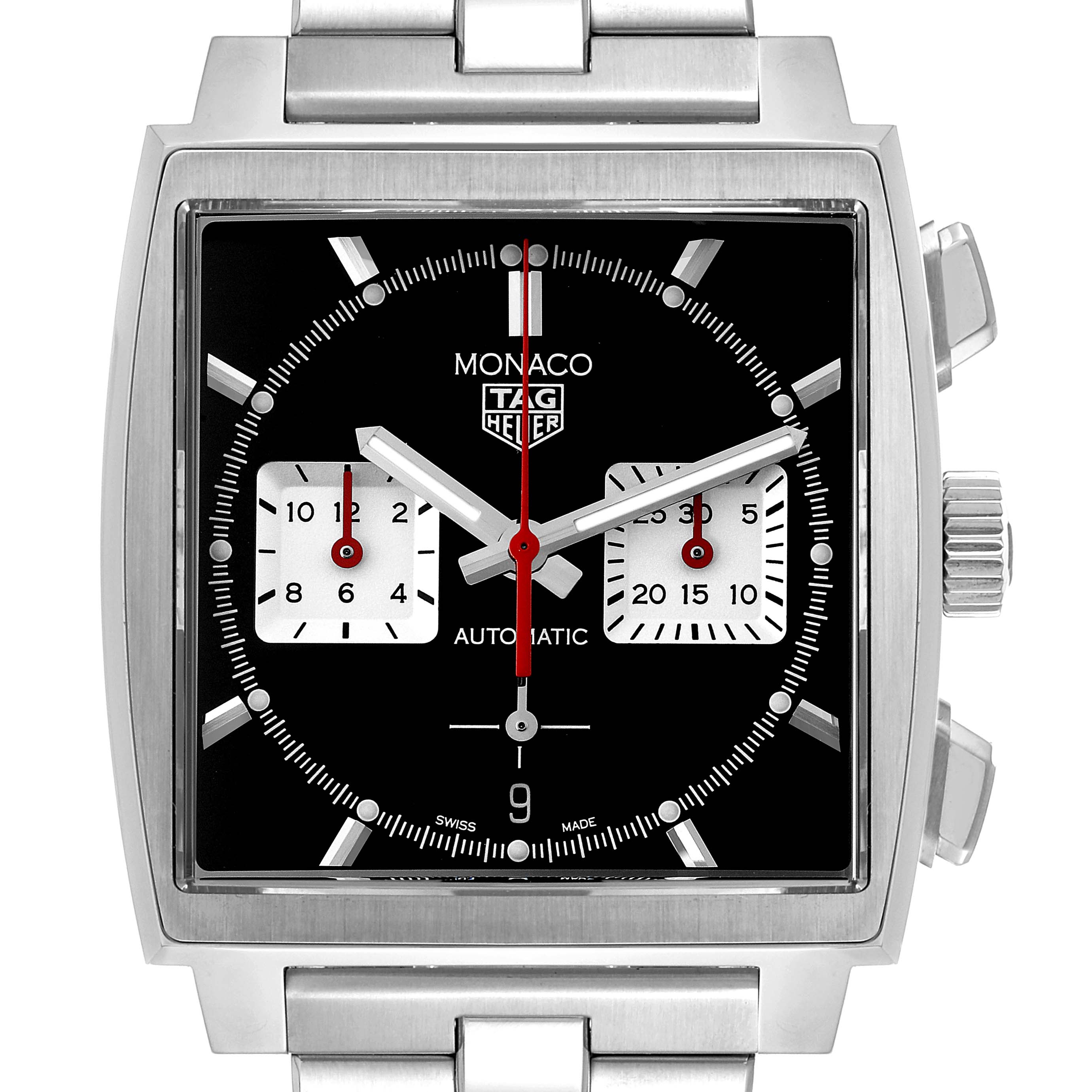 The image shows a front view of a Tag Heuer Monaco CBL2113 Men's Stainless Steel Black Dial CBL2113 Men's Stainless Steel Black Dial watch displaying the dial, hands, subdials, and part of the bracelet.