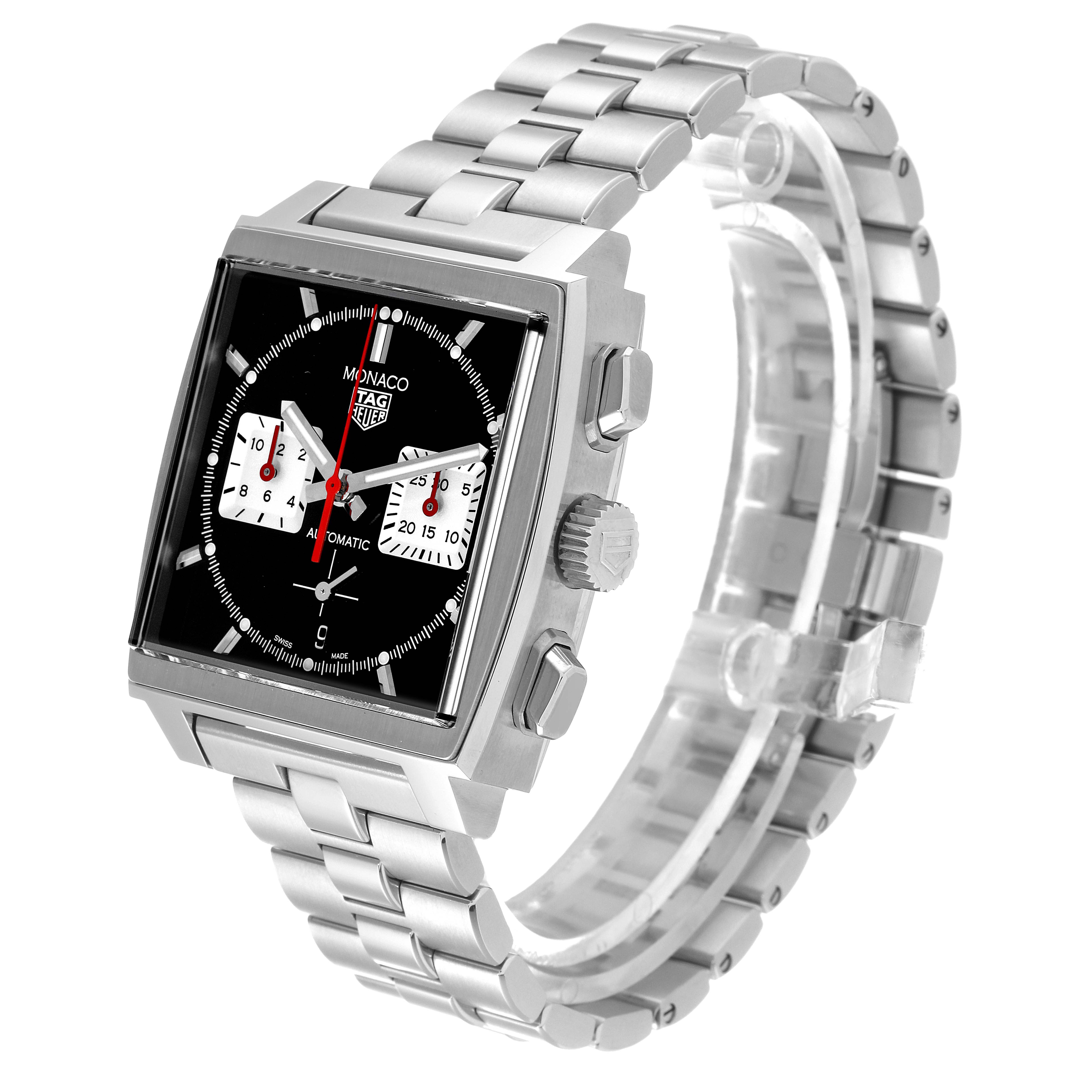 The Tag Heuer Monaco CBL2113 Men's Stainless Steel Black Dial CBL2113 Men's Stainless Steel Black Dial watch is shown at a three-quarter angle, highlighting the face, case, crown, and bracelet.