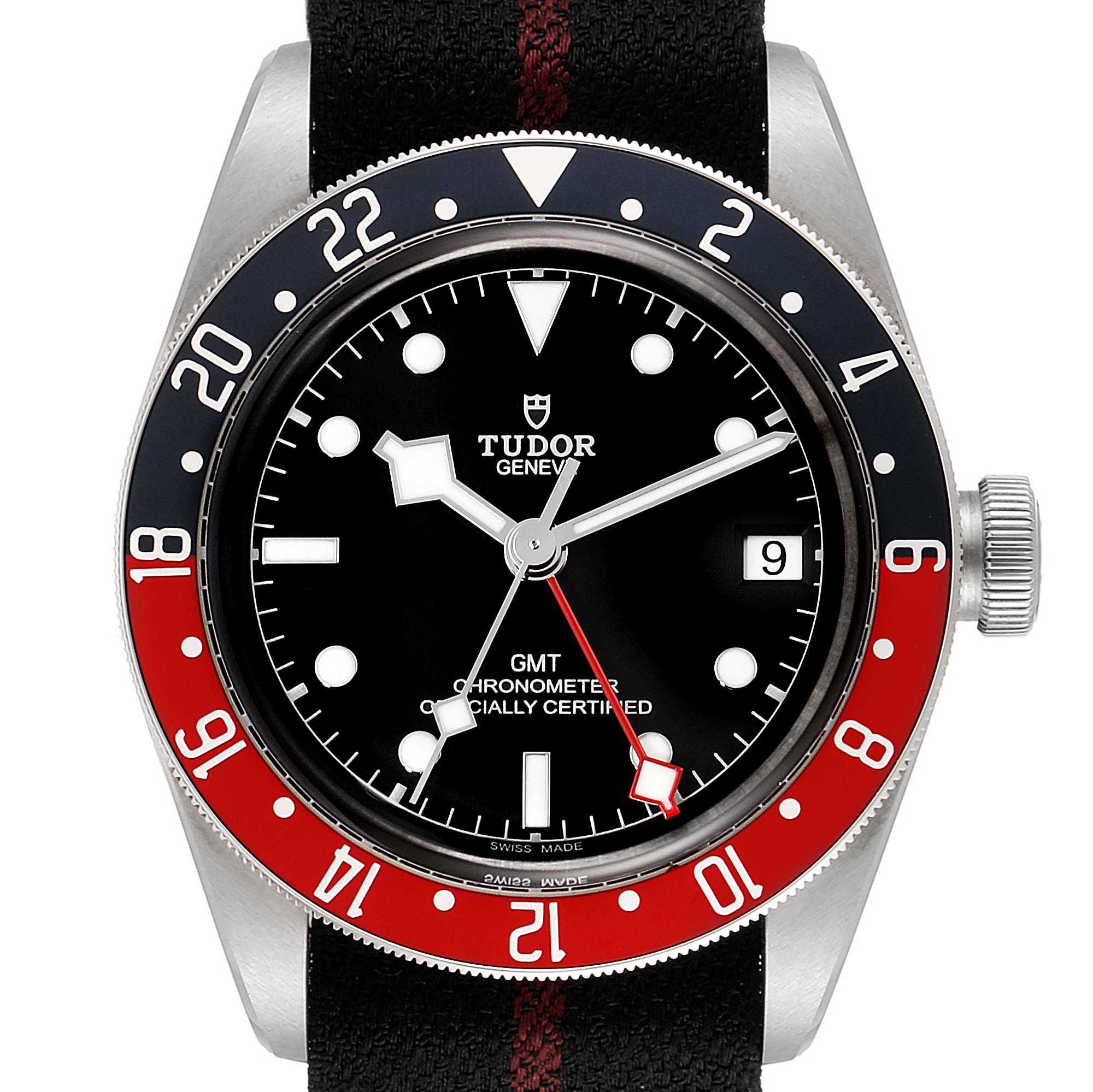 The image shows a front view of the Tudor Heritage Black Bay 79830RB Men's Stainless Steel Black Dial 79830RB Men's Stainless Steel Black Dial GMT watch, displaying its dial, hands, bezel, and crown.