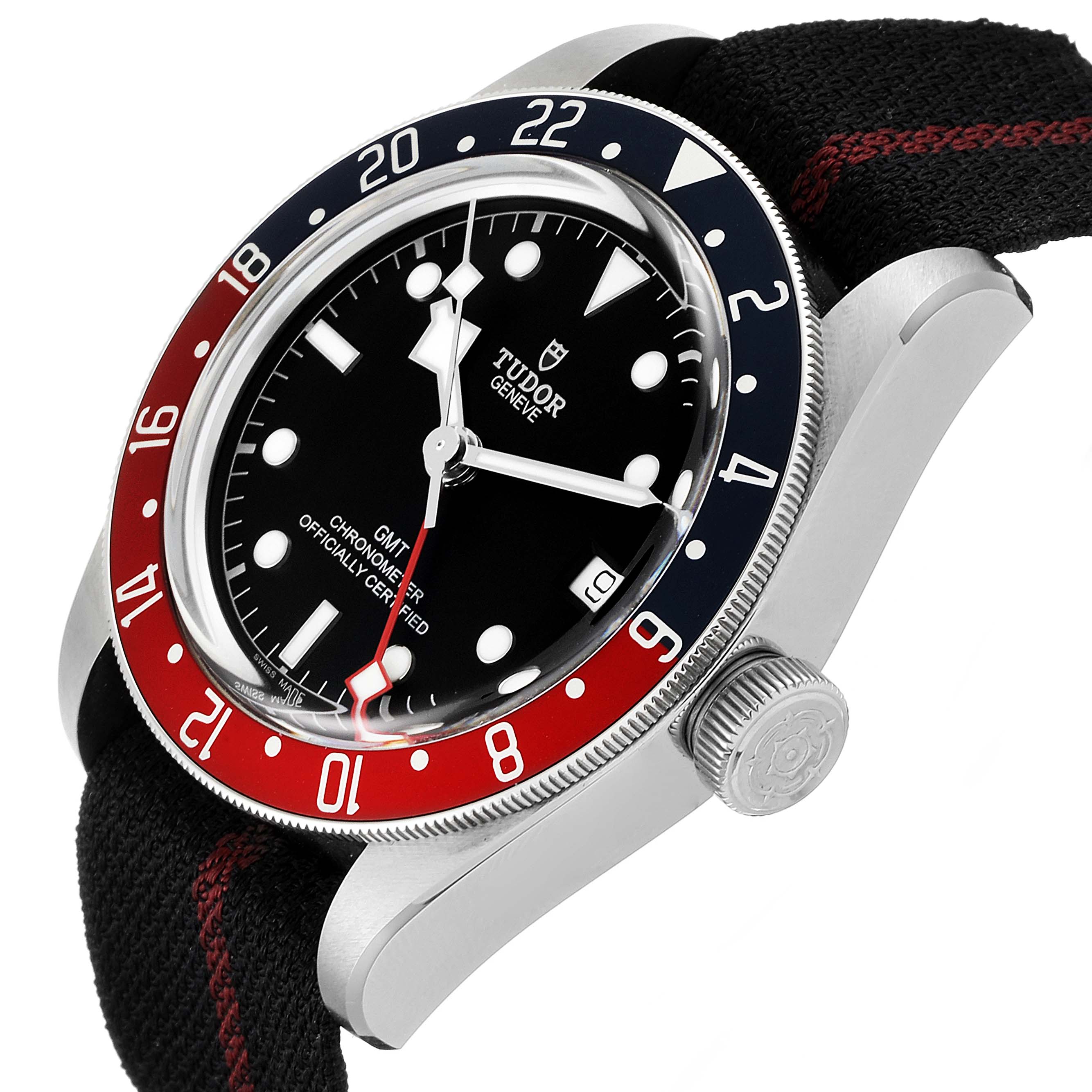 This image shows a Tudor Heritage Black Bay 79830RB Men's Stainless Steel Black Dial 79830RB Men's Stainless Steel Black Dial watch at an angle highlighting the dial, bezel, crown, and part of the strap.