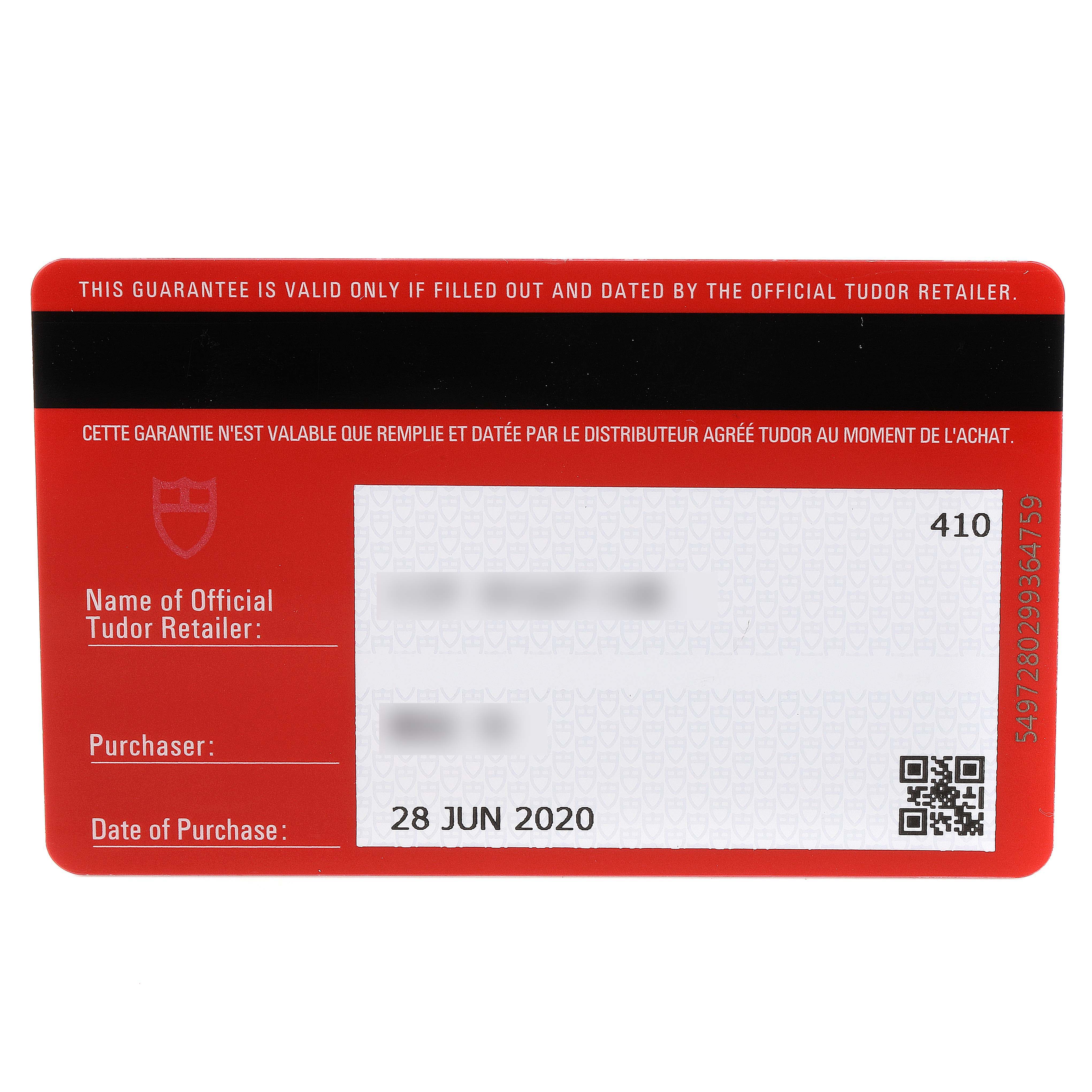 This image shows the warranty card for the Tudor Heritage Black Bay 79830RB Men's Stainless Steel Black Dial 79830RB Men's Stainless Steel Black Dial model, dated 28 June 2020.