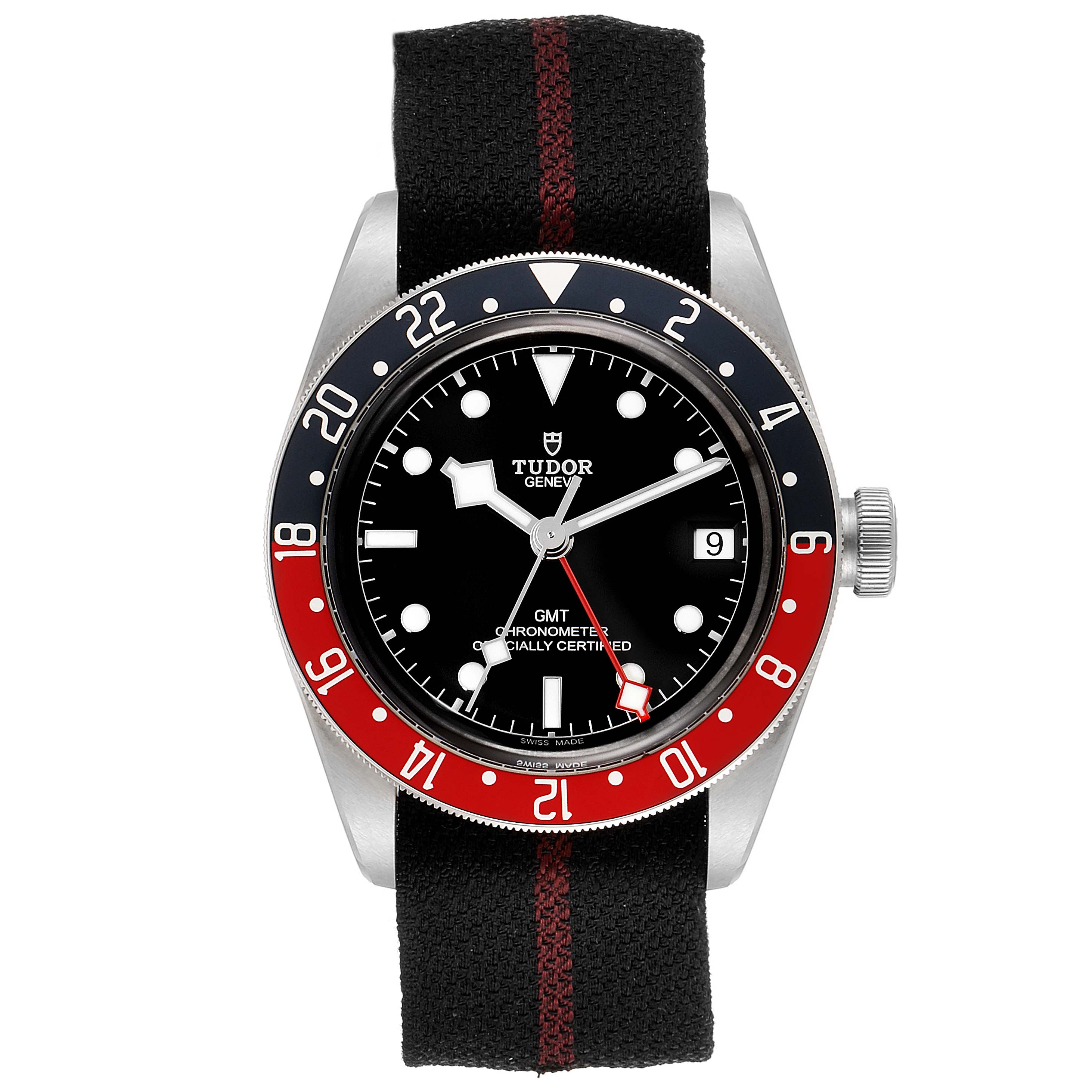 The Tudor Heritage Black Bay 79830RB Men's Stainless Steel Black Dial 79830RB Men's Stainless Steel Black Dial watch is shown from a front angle, highlighting its face, bezel, and strap.