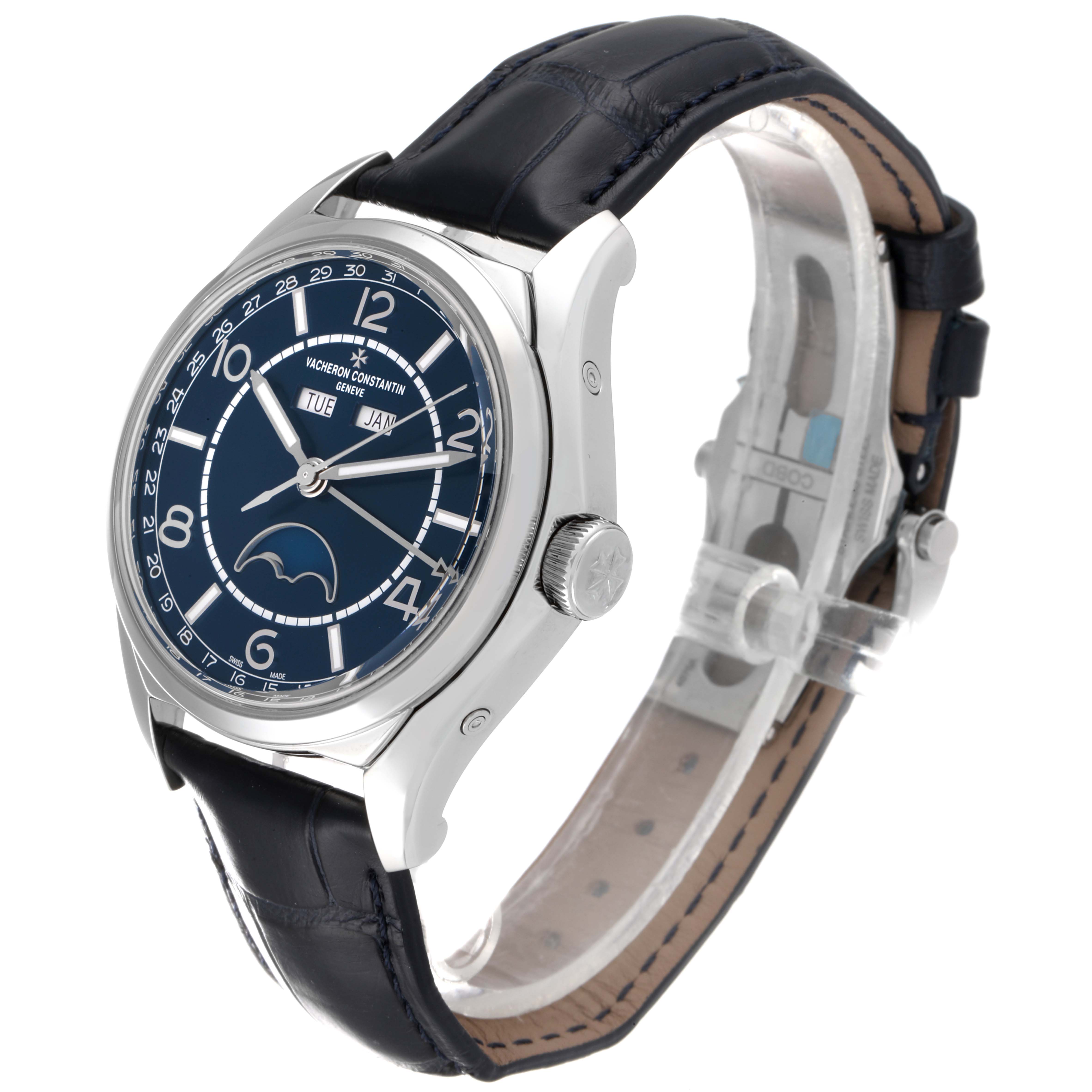 The image shows a Vacheron Constantin Fiftysix 4000E/000A-B548 Men's Stainless Steel Blue Dial 4000E/000A-B548 Men's Stainless Steel Blue Dial model watch at an angled side view, displaying the dial and part of the strap.