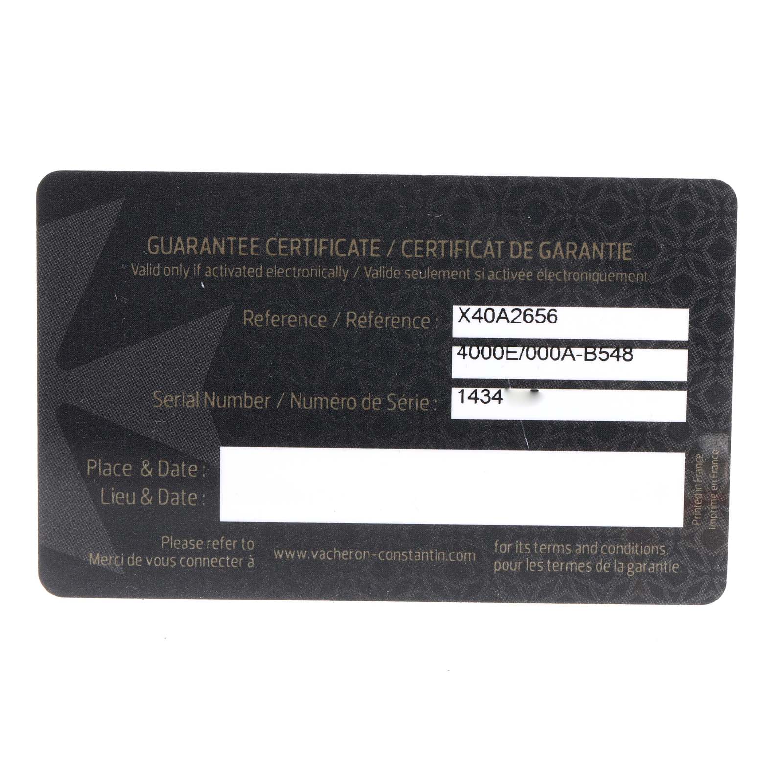 This image shows the guarantee certificate for the Vacheron Constantin Fiftysix 4000E/000A-B548 Men's Stainless Steel Blue Dial 4000E/000A-B548 Men's Stainless Steel Blue Dial model watch.