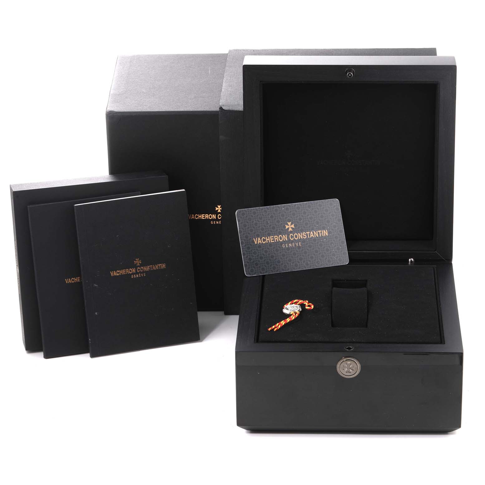 The image shows the packaging and accessories for the Vacheron Constantin Fiftysix 4000E/000A-B548 Men's Stainless Steel Blue Dial 4000E/000A-B548 Men's Stainless Steel Blue Dial model, including boxes, manuals, and a card.