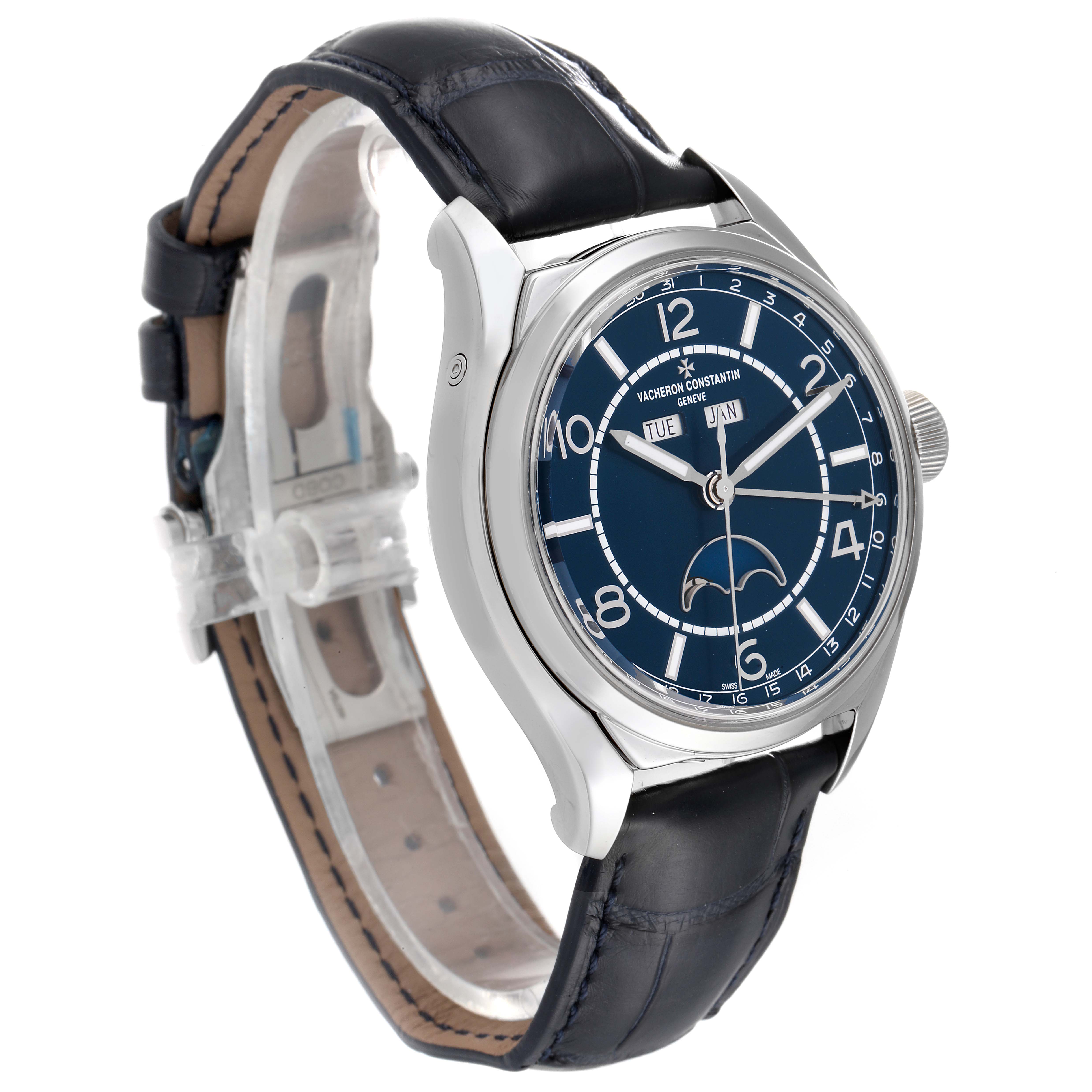 This is a side and frontal angled view of a Vacheron Constantin Fiftysix 4000E/000A-B548 Men's Stainless Steel Blue Dial 4000E/000A-B548 Men's Stainless Steel Blue Dial watch displaying the case, dial, and leather strap.