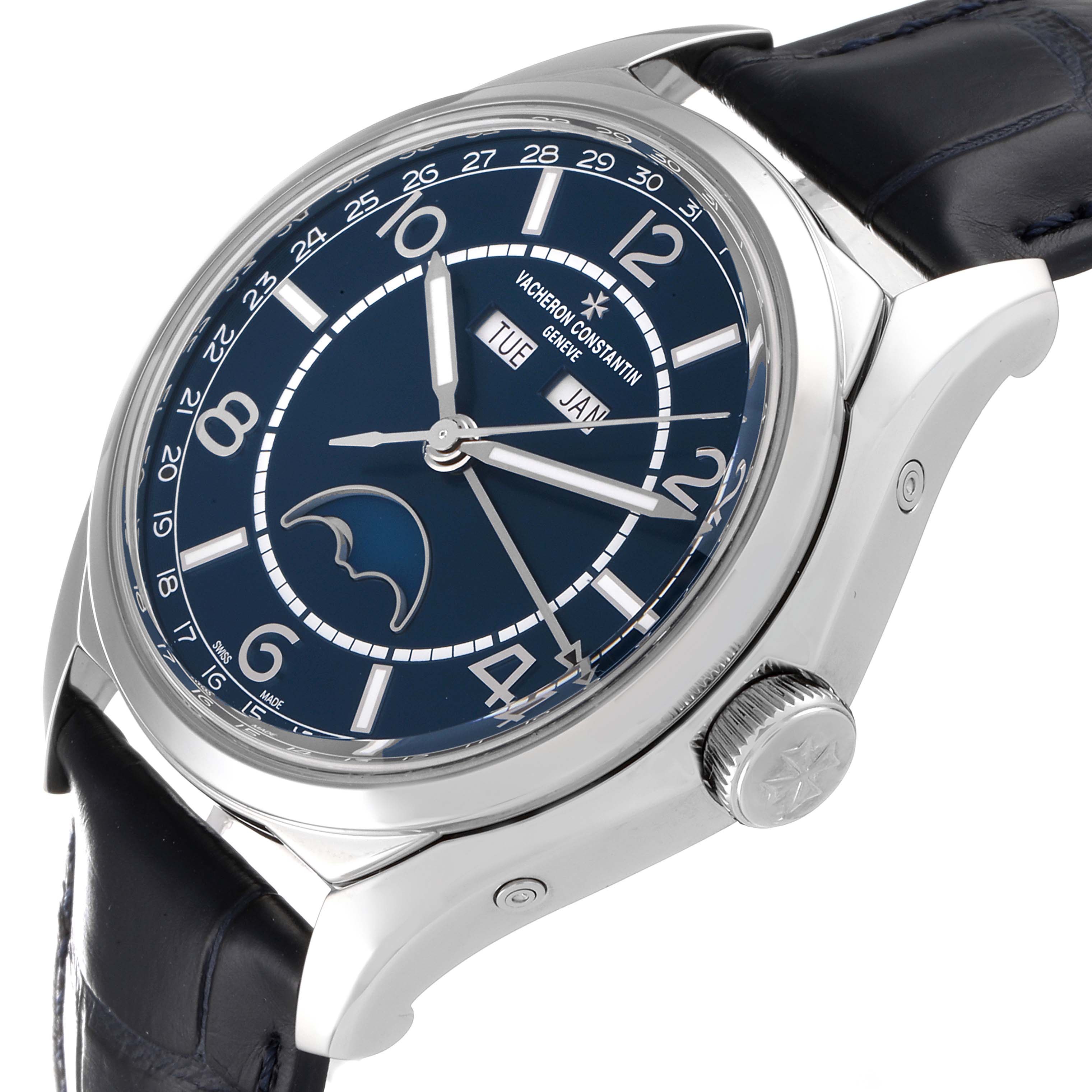 The Vacheron Constantin Fiftysix 4000E/000A-B548 Men's Stainless Steel Blue Dial 4000E/000A-B548 Men's Stainless Steel Blue Dial watch is shown at an angle highlighting the dial, crown, and part of the strap.