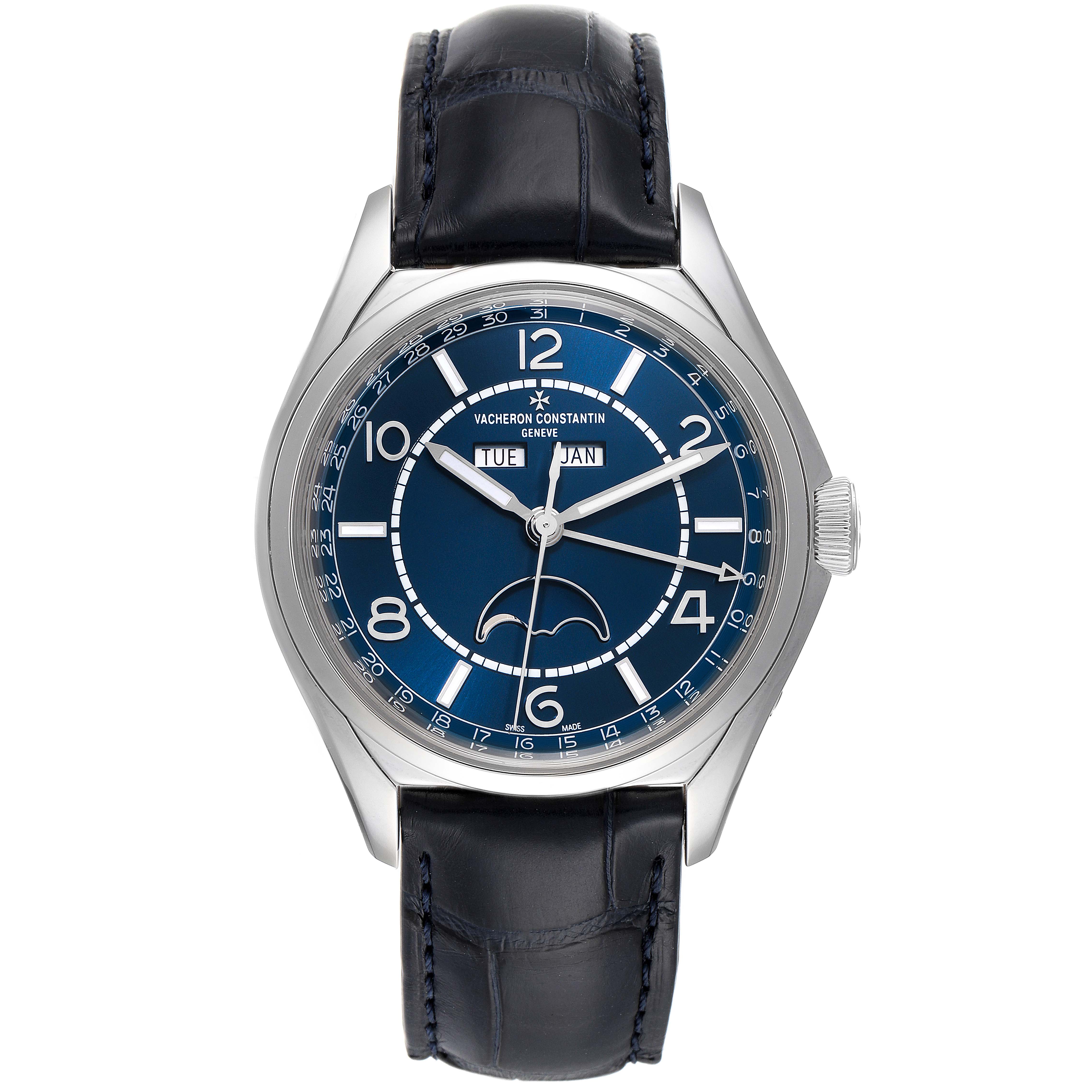 The image shows a front view of the Fiftysix model by Vacheron Constantin, displaying its dial and leather strap.