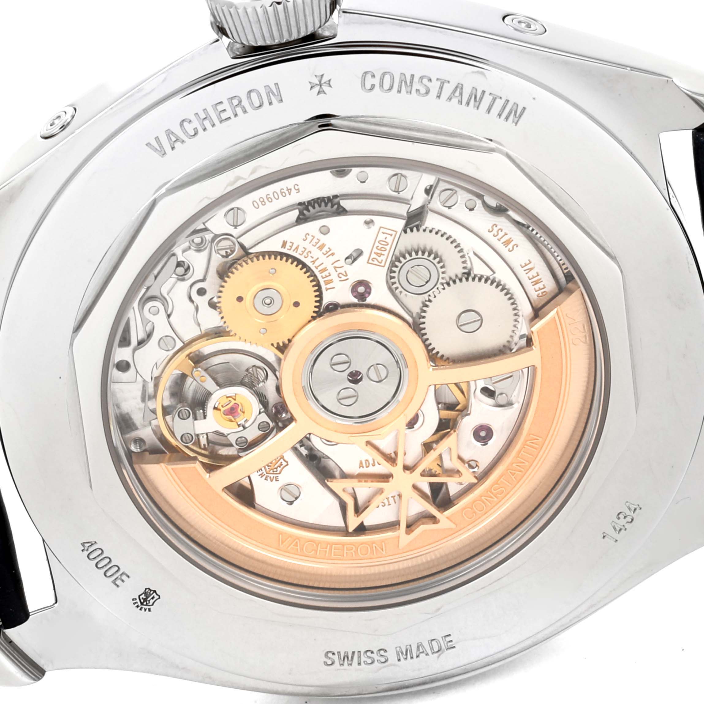 This image shows the back view of the Vacheron Constantin Fiftysix 4000E/000A-B548 Men's Stainless Steel Blue Dial 4000E/000A-B548 Men's Stainless Steel Blue Dial model, highlighting its transparent case back and intricate movement.