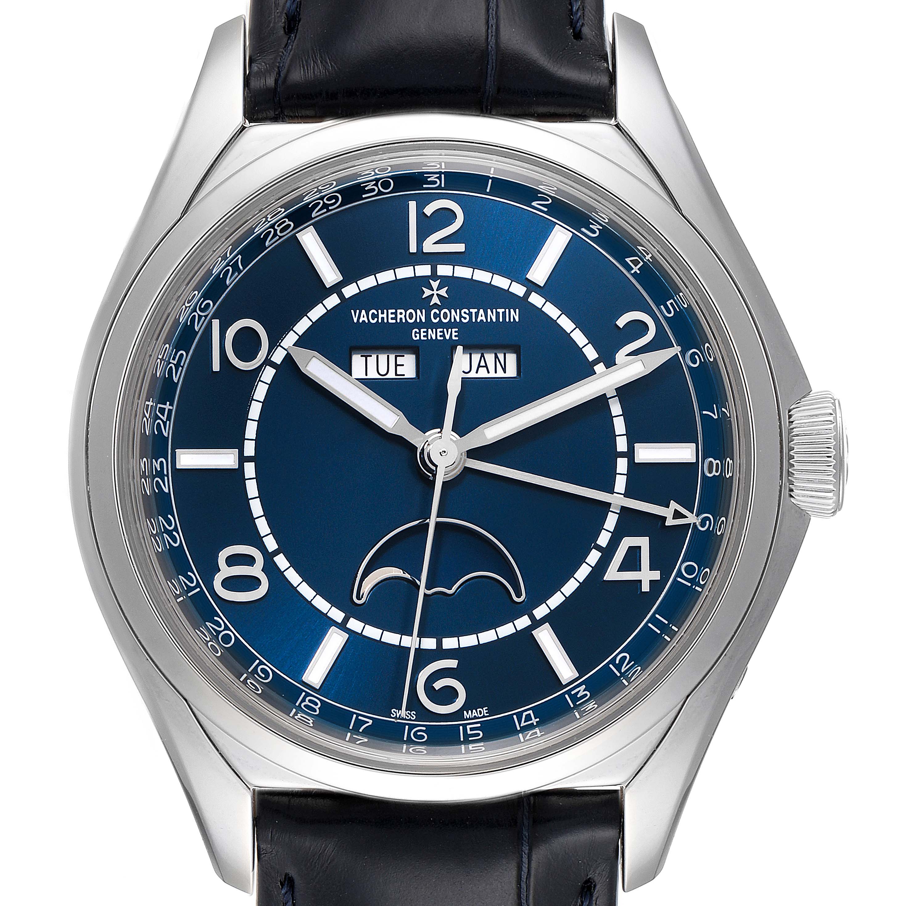 The image shows a front view of a Vacheron Constantin Fiftysix 4000E/000A-B548 Men's Stainless Steel Blue Dial 4000E/000A-B548 Men's Stainless Steel Blue Dial model watch with a blue dial and moon phase display.