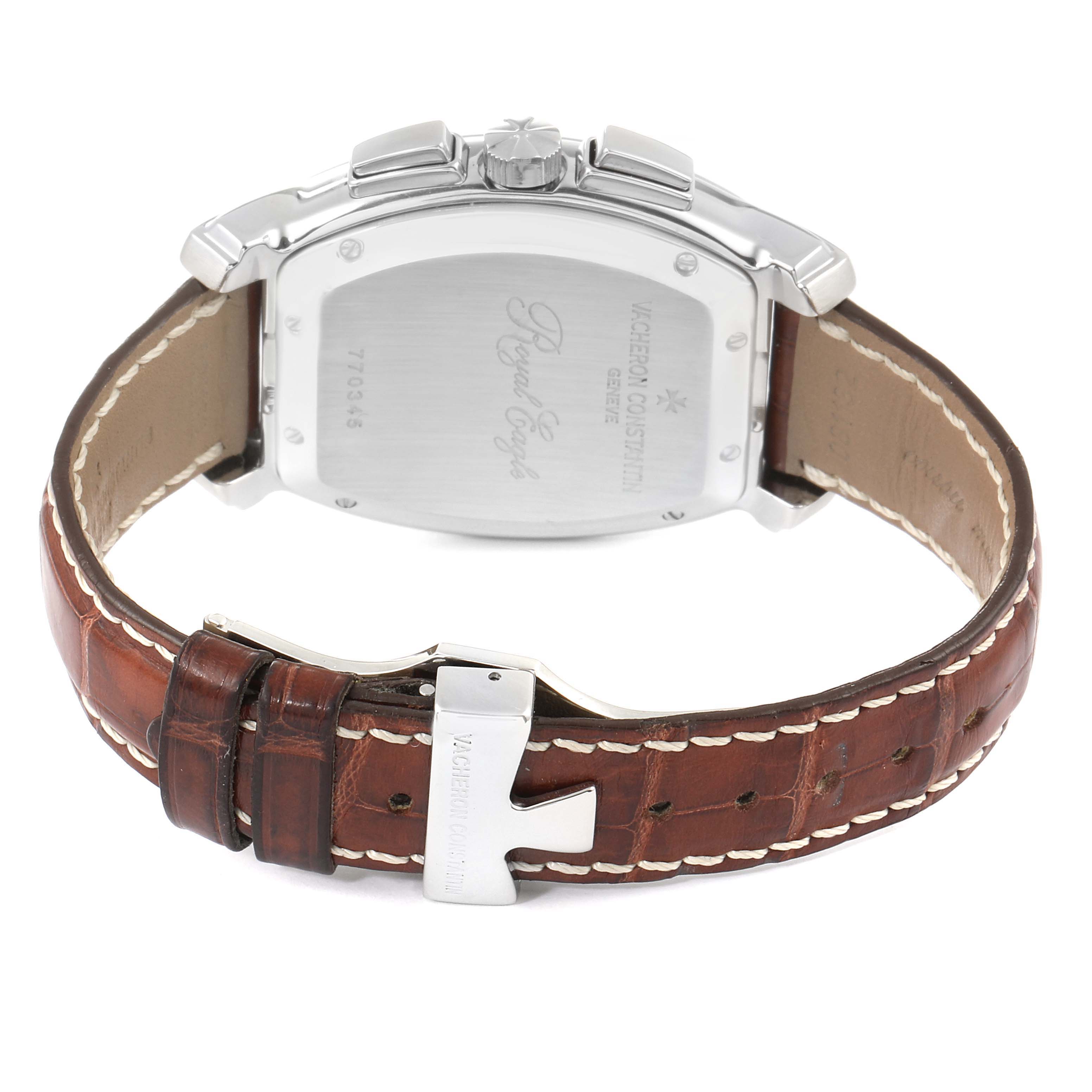 The image shows the back case and brown leather strap of a Vintage Vacheron Constantin watch, highlighting its buckle and case details.