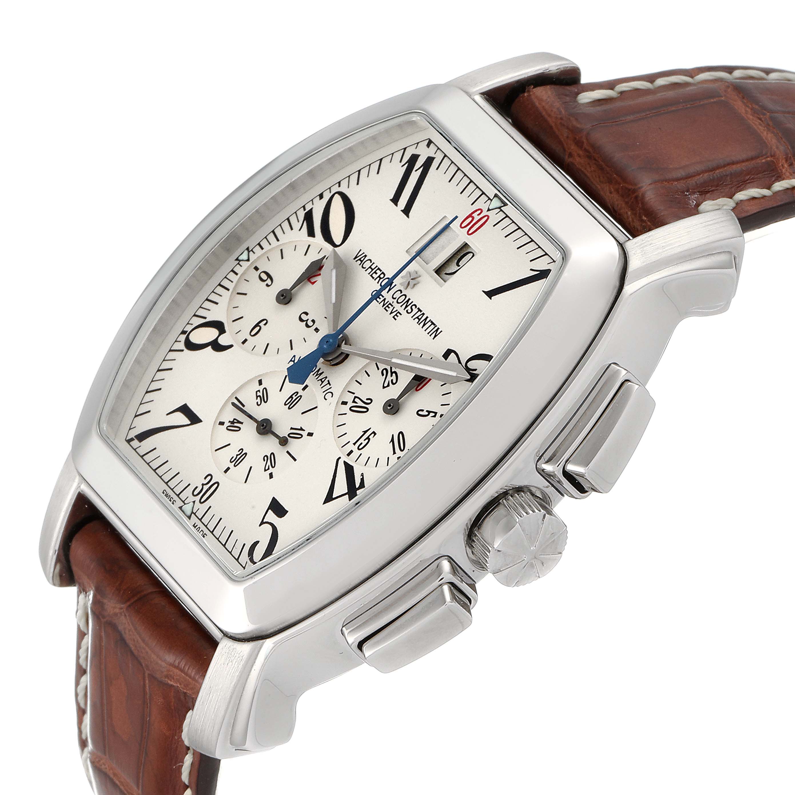 This Vacheron Constantin Vintage watch is shown at an angle highlighting its dial, crown, pushers, and brown leather strap.