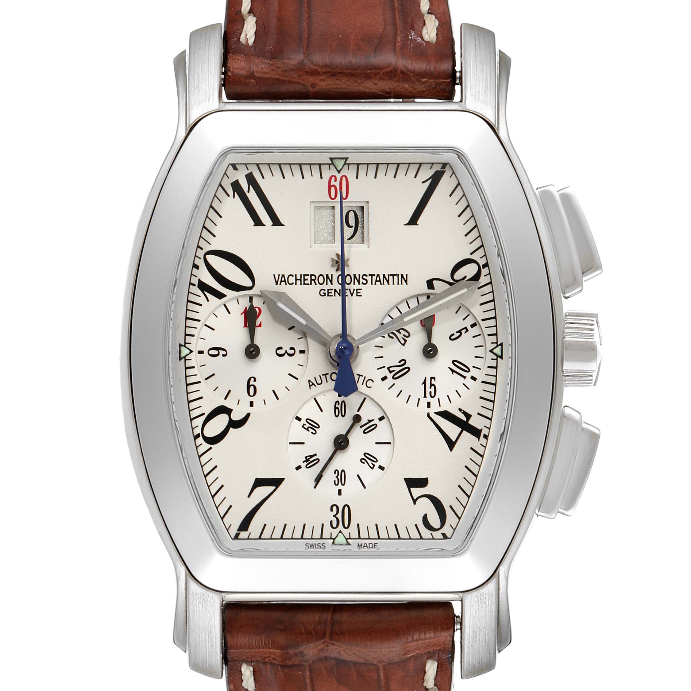 The Royal Eagle model by Vacheron Constantin is shown from the front, highlighting the dial, case, and leather strap.