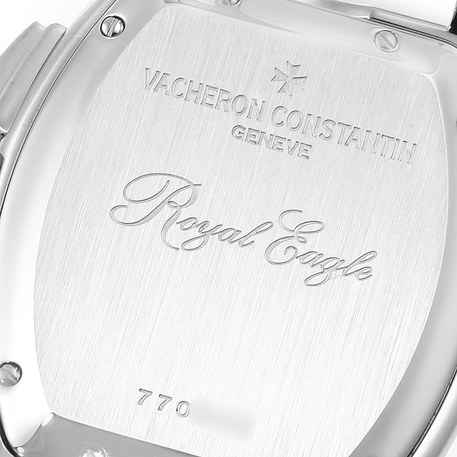 This image shows the back casing of the Vacheron Constantin Royal Eagle 49145 Men's Stainless Steel Silver Dial 49145 Men's Stainless Steel Silver Dial vintage watch viewed at an angled close-up.