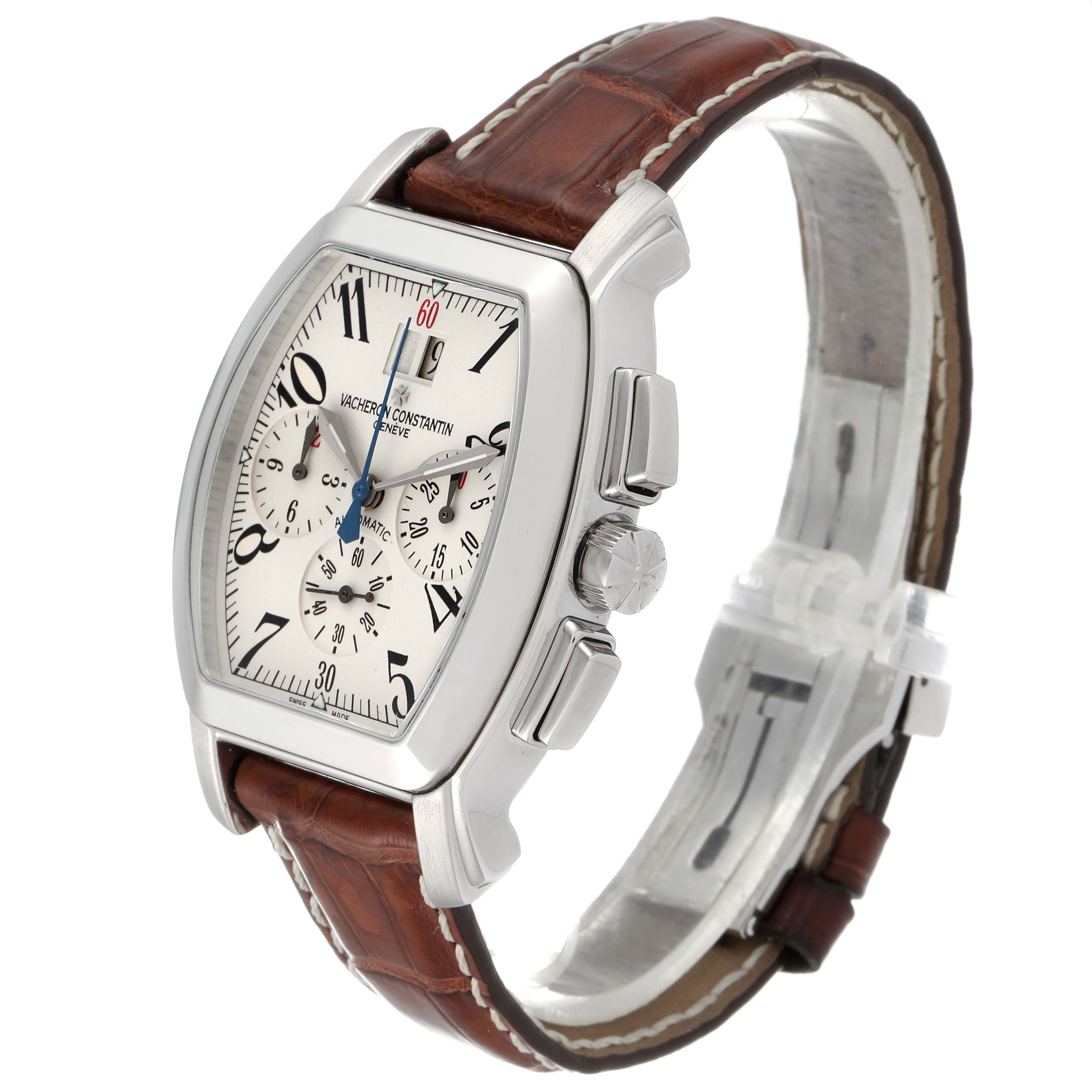 This image shows a side angle of the Vintage Vacheron Constantin watch with a brown leather strap and a visible crown and pushers.