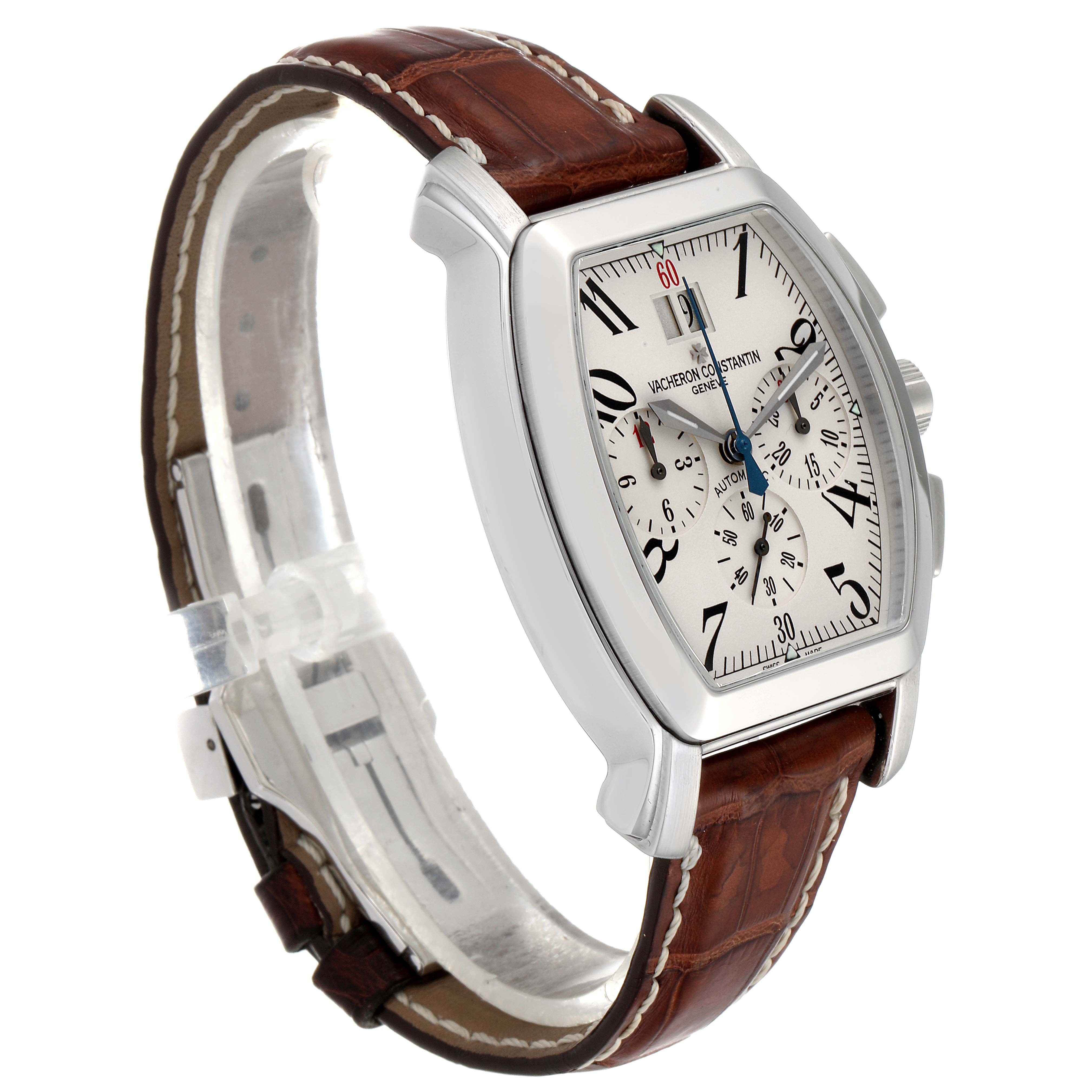The image shows a side angle of a Vintage Vacheron Constantin watch, highlighting its brown leather strap and dial details.
