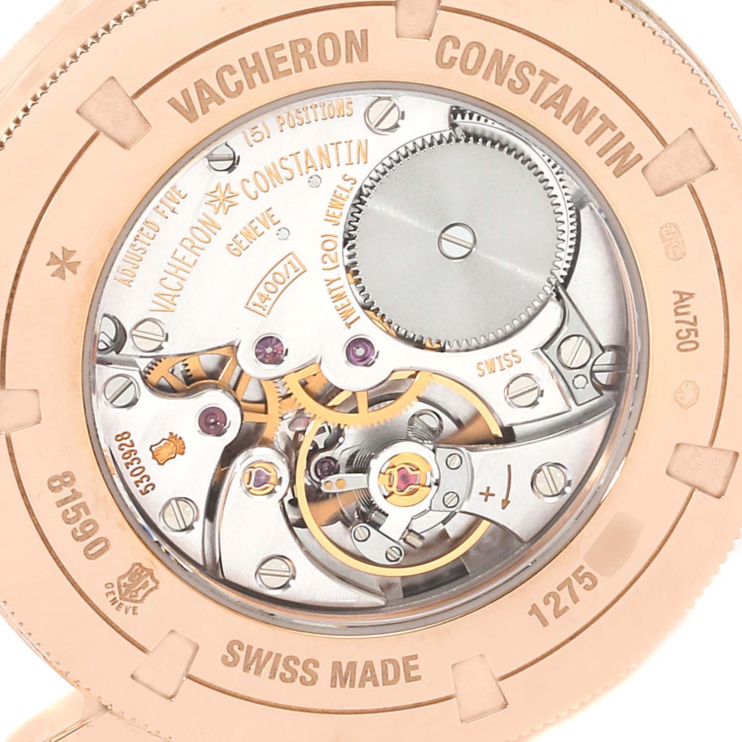 This image shows the back of the Vacheron Constantin Traditionnelle 81590/000R-9847 Women's Rose Gold Silver Dial 81590/000R-9847 Women's Rose Gold Silver Dial model, highlighting the movement and inner mechanisms.