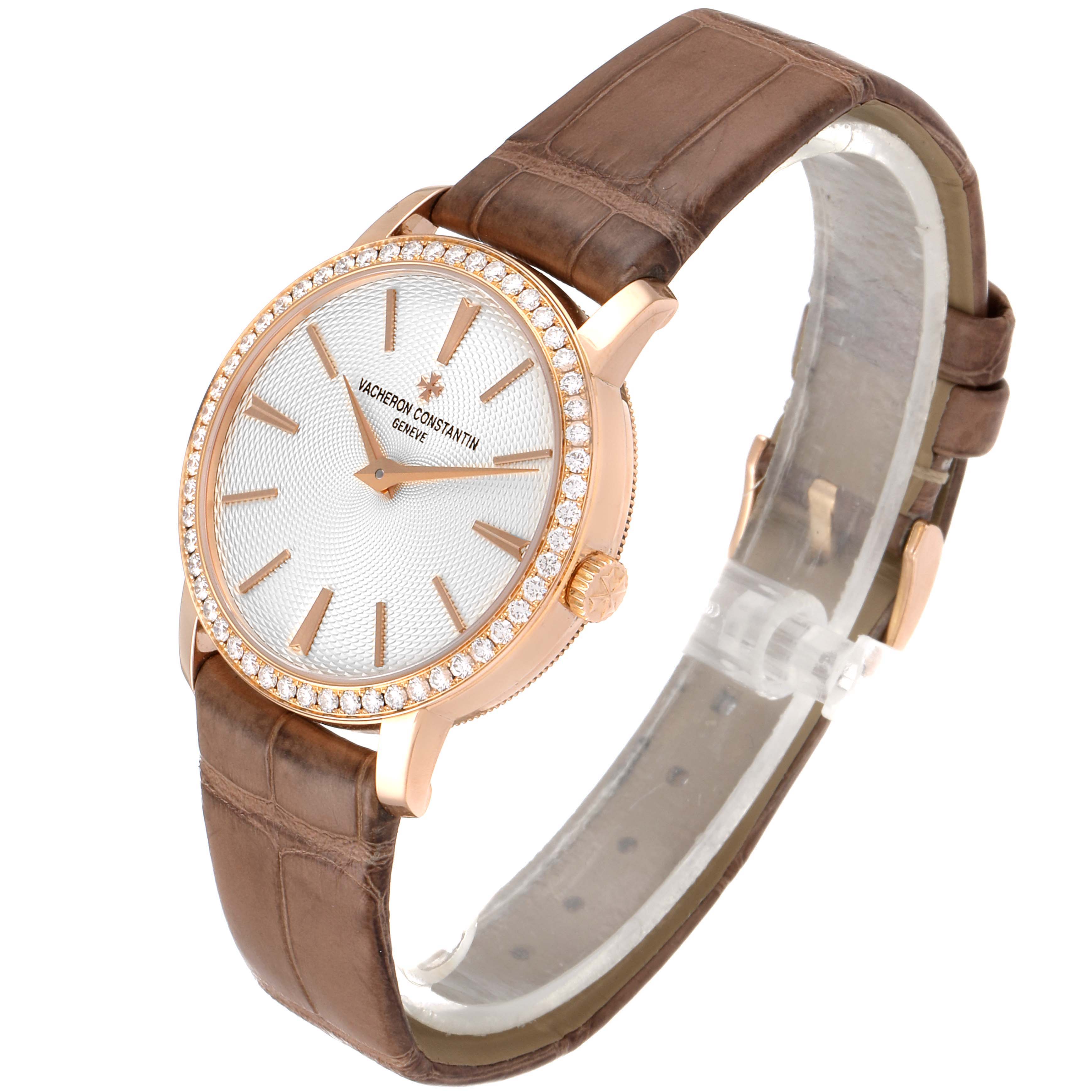 The Traditionnelle model by Vacheron Constantin is shown at a three-quarter angle, highlighting the face, case, bezel, and strap.