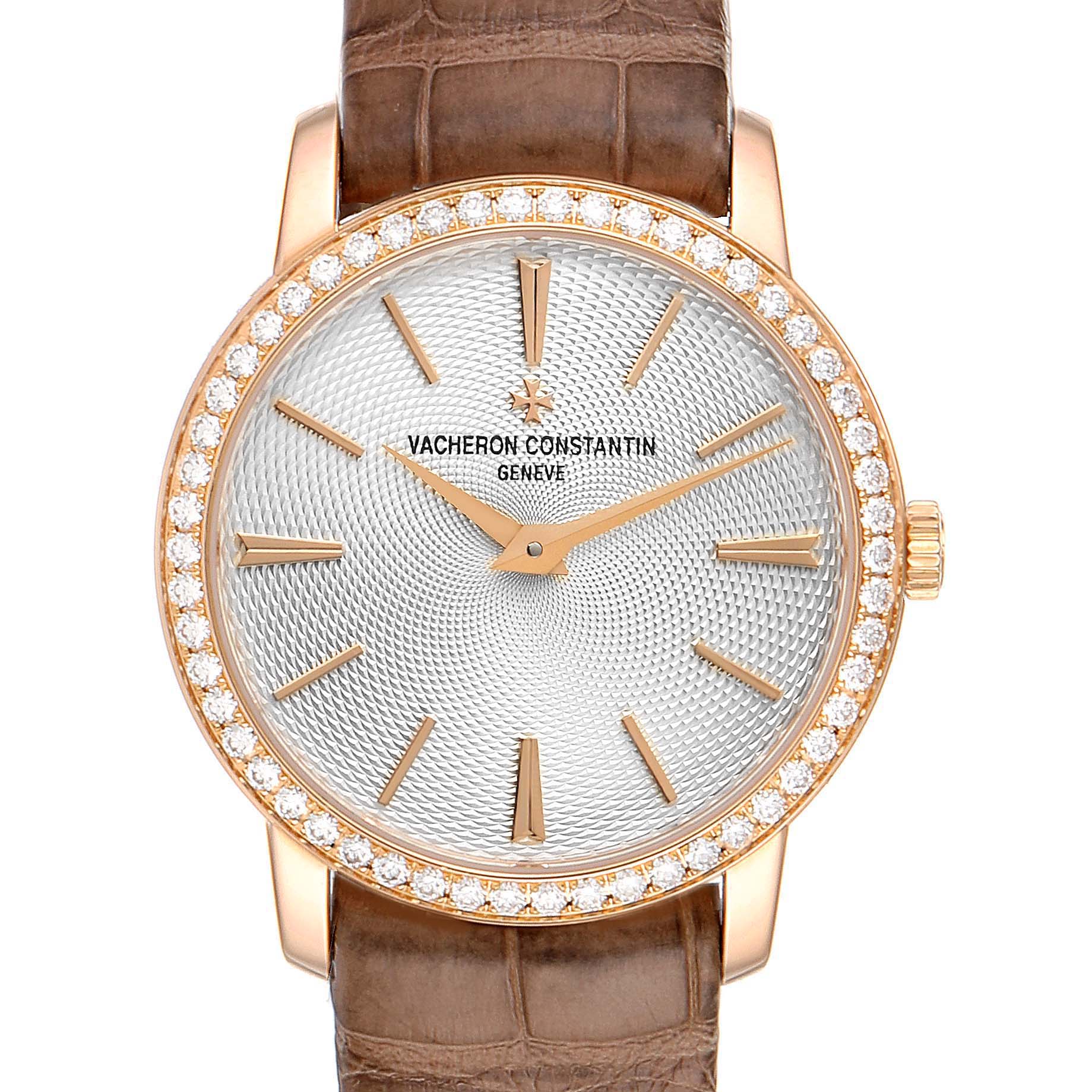 The Vacheron Constantin Traditionnelle 81590/000R-9847 Women's Rose Gold Silver Dial 81590/000R-9847 Women's Rose Gold Silver Dial watch is shown from a front angle, highlighting its dial, bezel, and strap.
