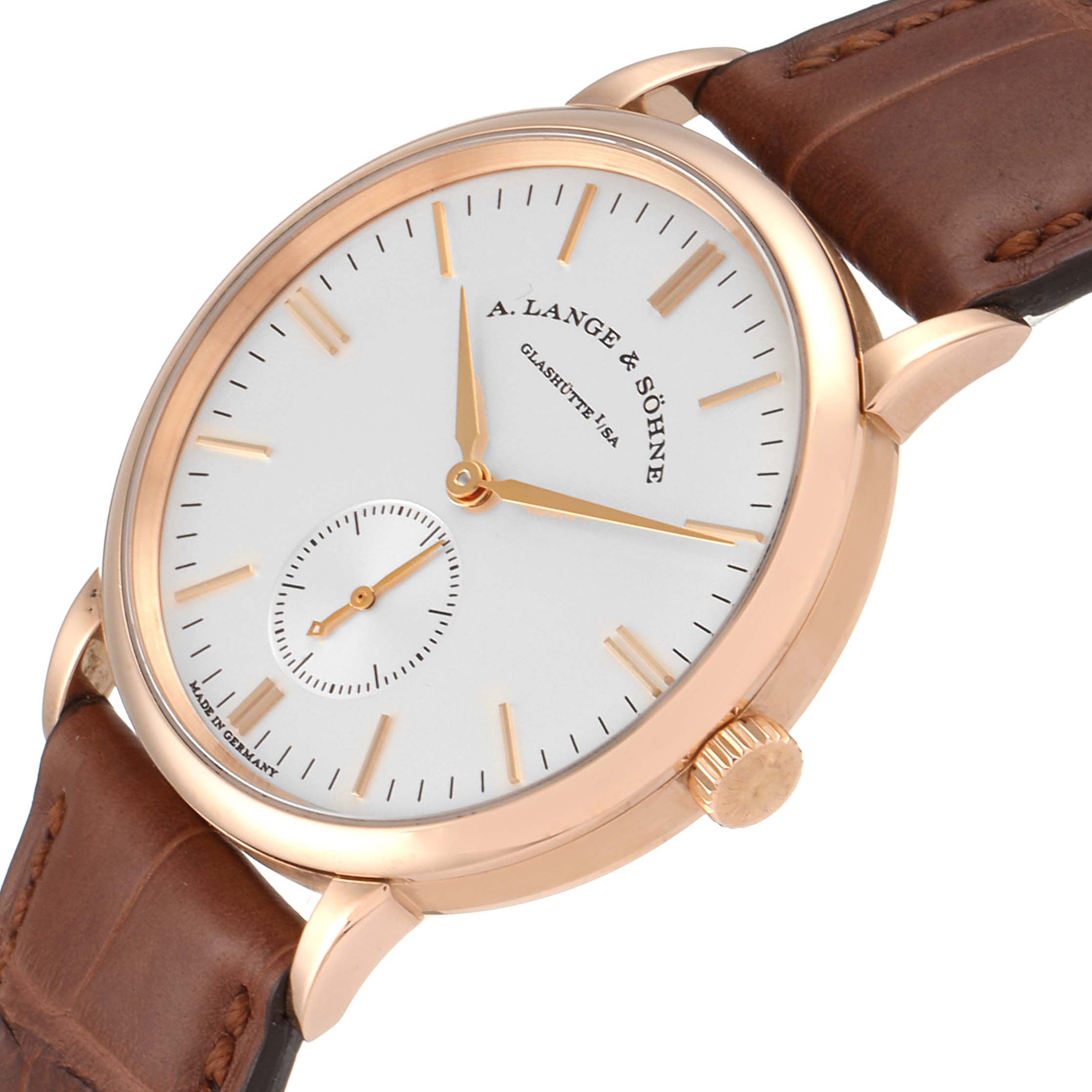 The A. Lange & Sohne Saxonia 219.032 Men's Rose Gold Silver Dial watch is shown at an angled close-up, highlighting its dial, crown, and leather strap.
