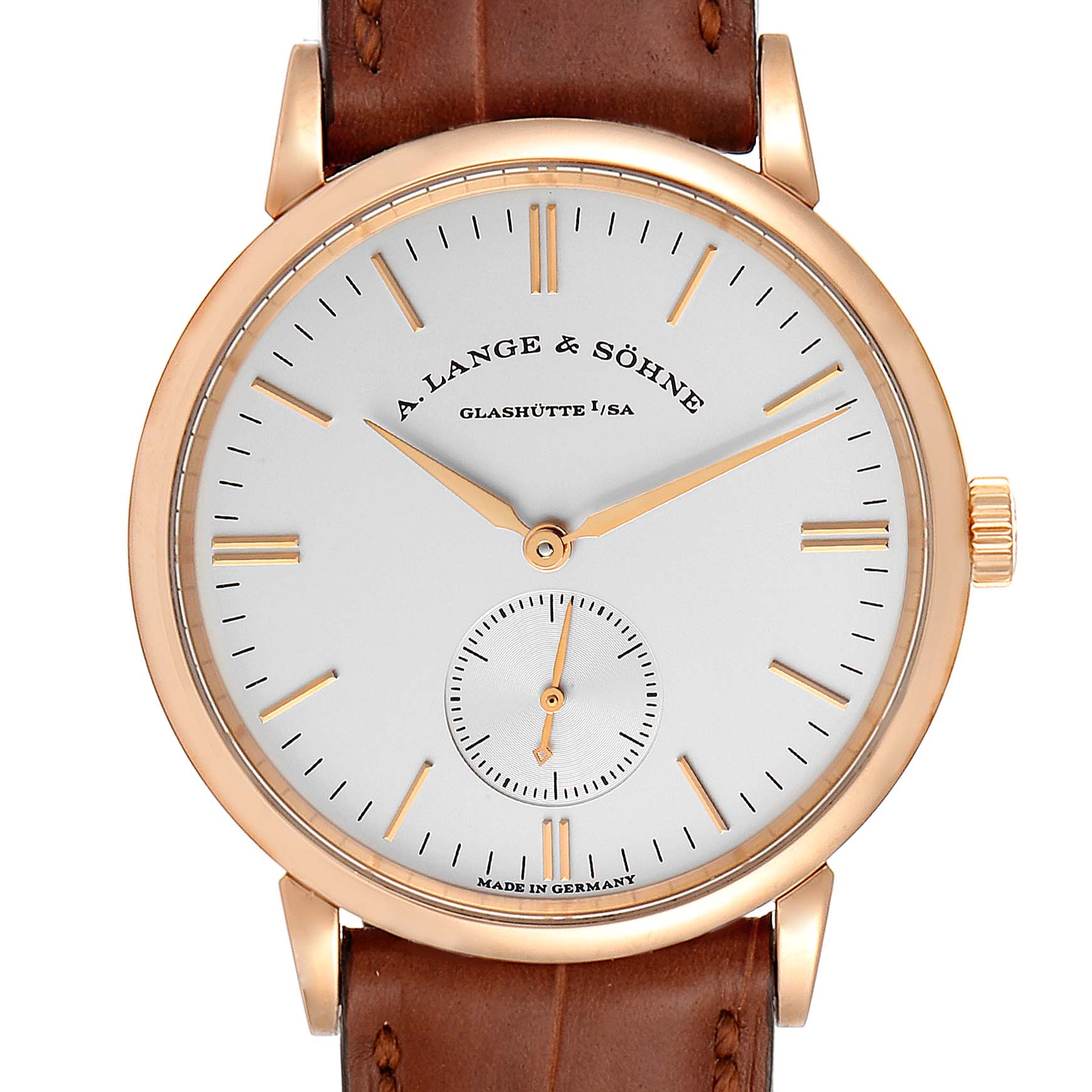 The image shows a front view of the A. Lange & Sohne Saxonia 219.032 Men's Rose Gold Silver Dial watch, highlighting its dial, hands, case, and part of the leather strap.