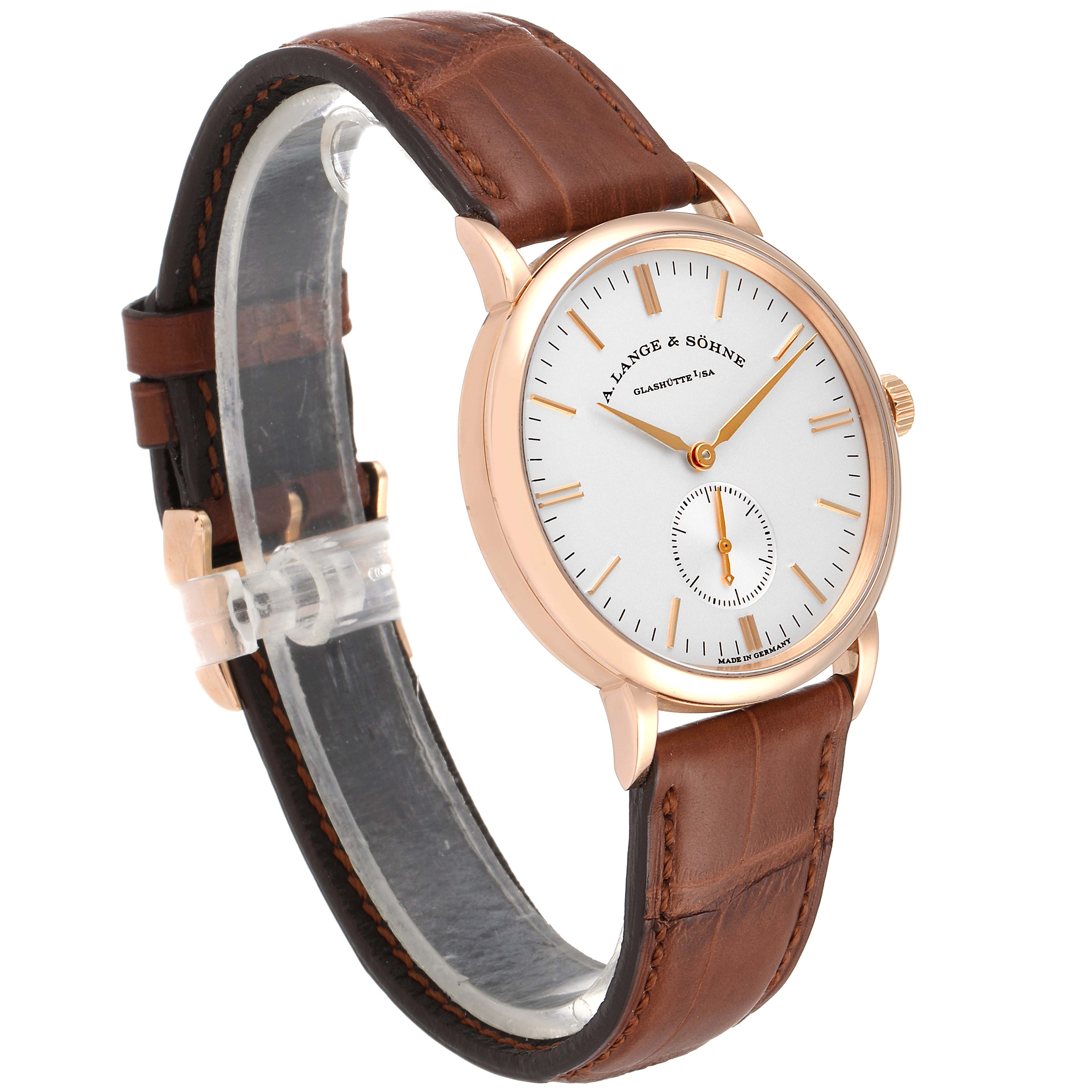 The A. Lange & Sohne Saxonia 219.032 Men's Rose Gold Silver Dial watch is shown from an angled side view, displaying the watch face, leather strap, and gold casing.