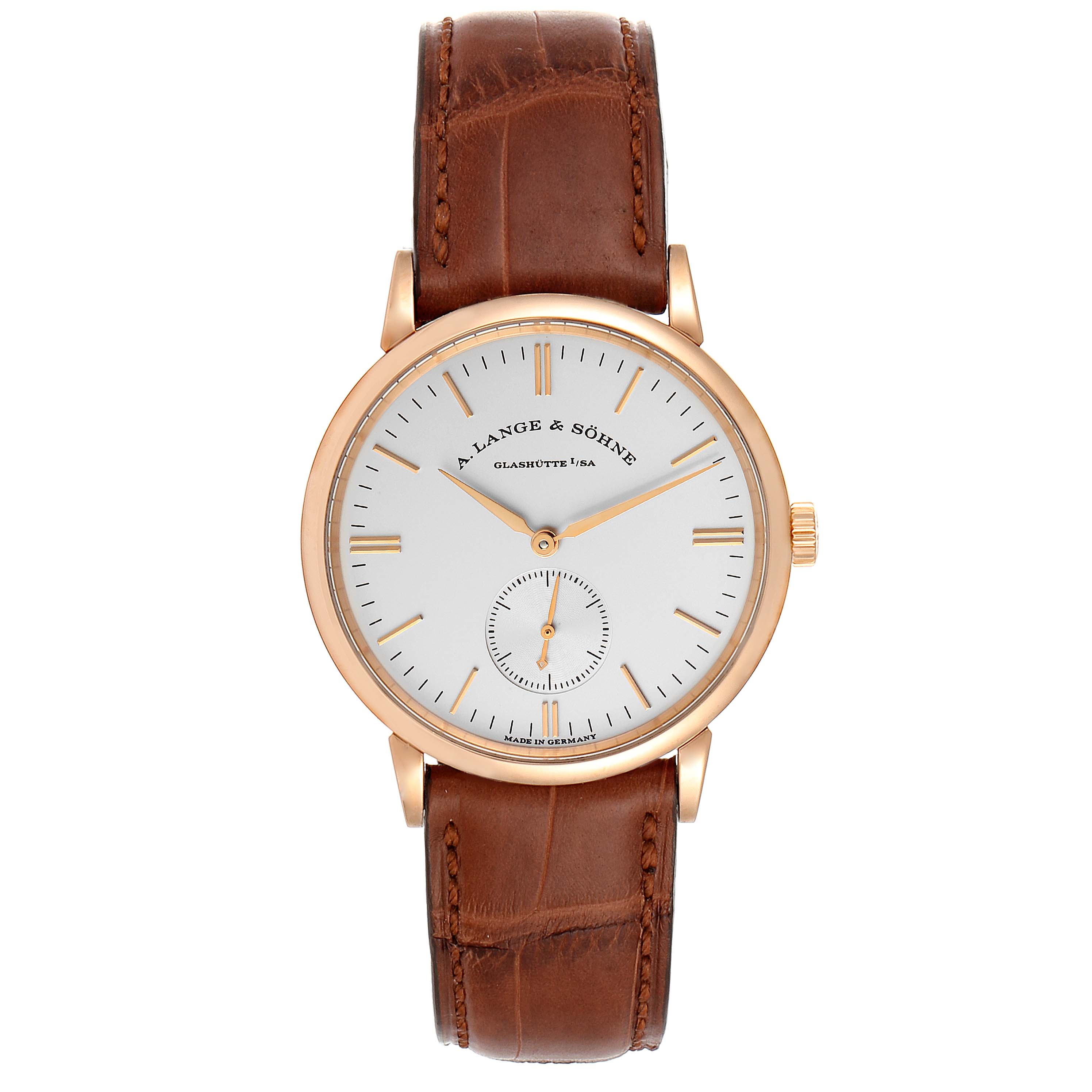 This image shows a front view of the Saxonia model by A. Lange & Söhne, featuring the dial, hour markers, hands, and brown leather strap.