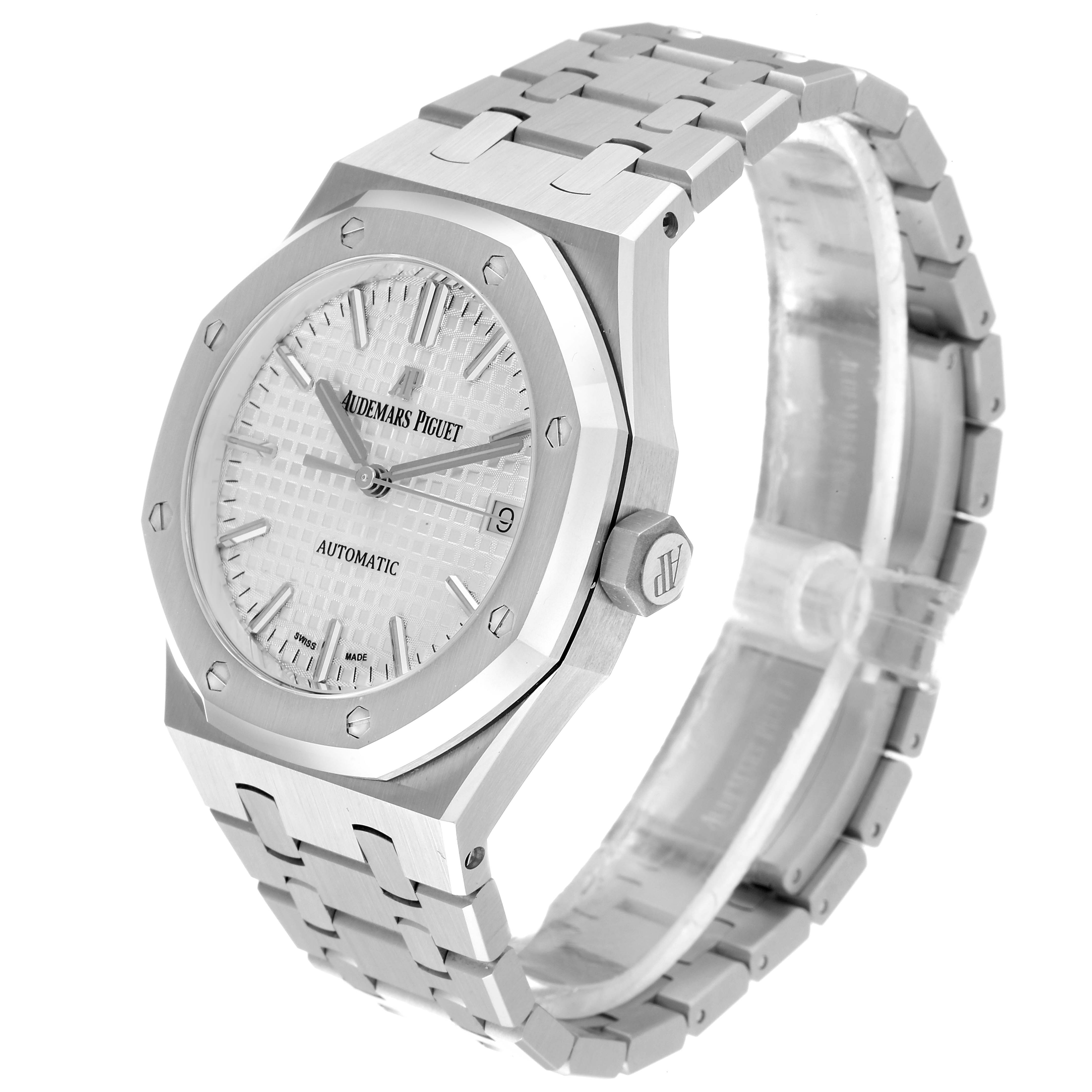 The image shows a side-angle view of the Audemars Piguet Royal Oak 15450ST.OO.1256ST.01 Men
s Stainless Steel Silver Dial 15450ST.OO.1256ST.01 Men
s Stainless Steel Silver Dial watch, highlighting the case, dial, bezel, bracelet, and crown.